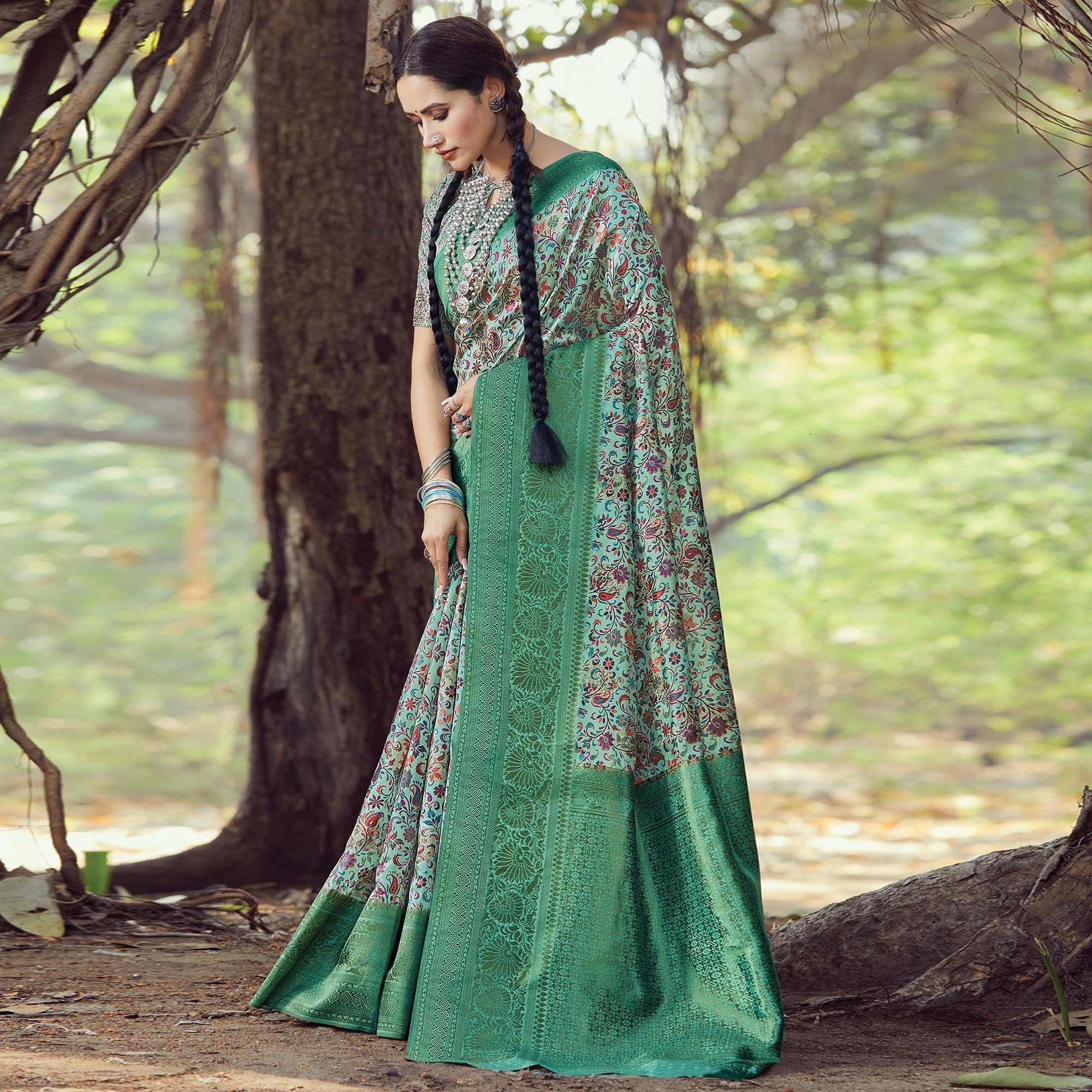 Peachmode Engrossing Green Colored Festive Wear Digital Printed Silk Saree