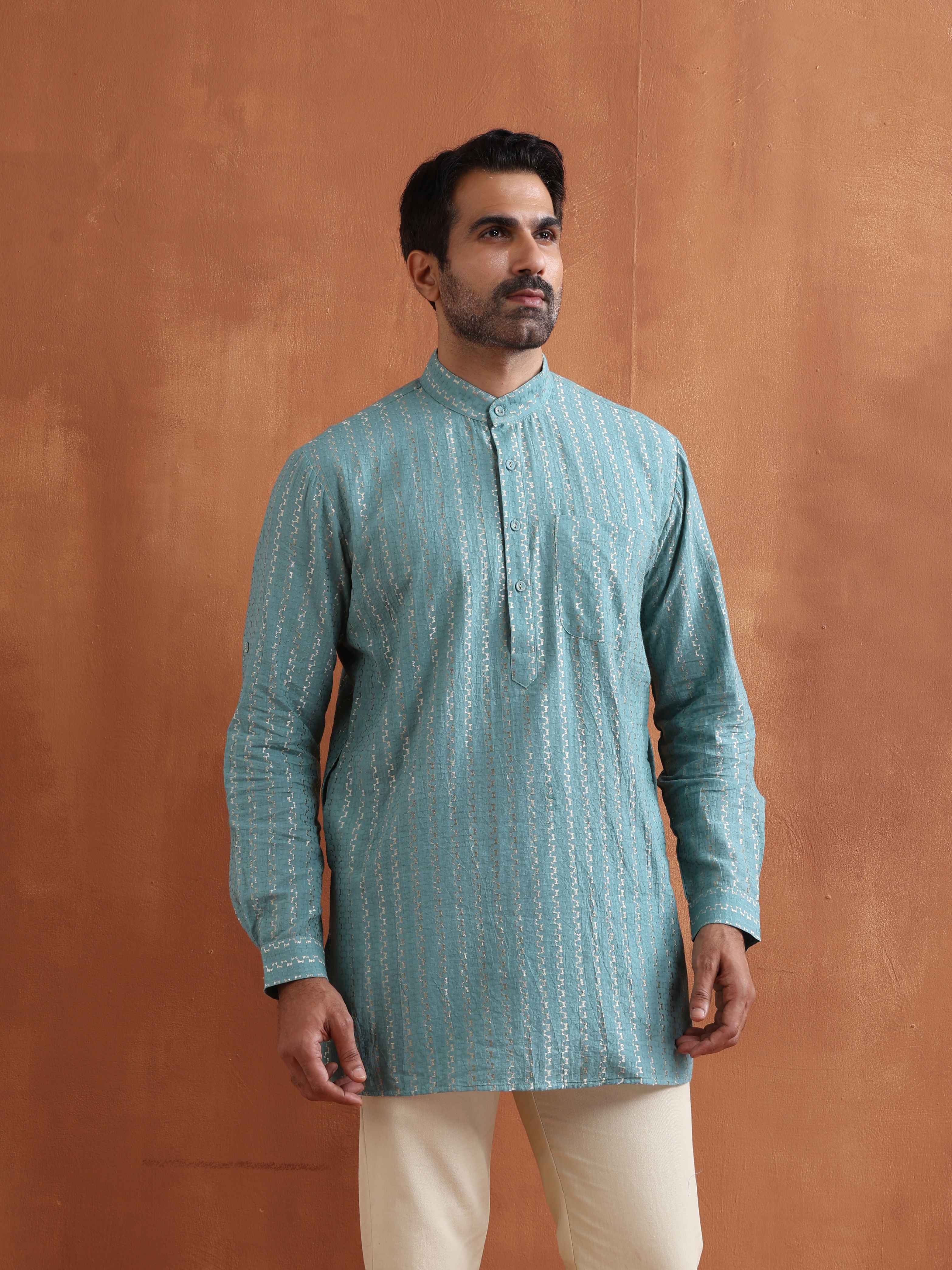 trueBrowns Men's Green Cotton Dobby Short Kurta - view 7