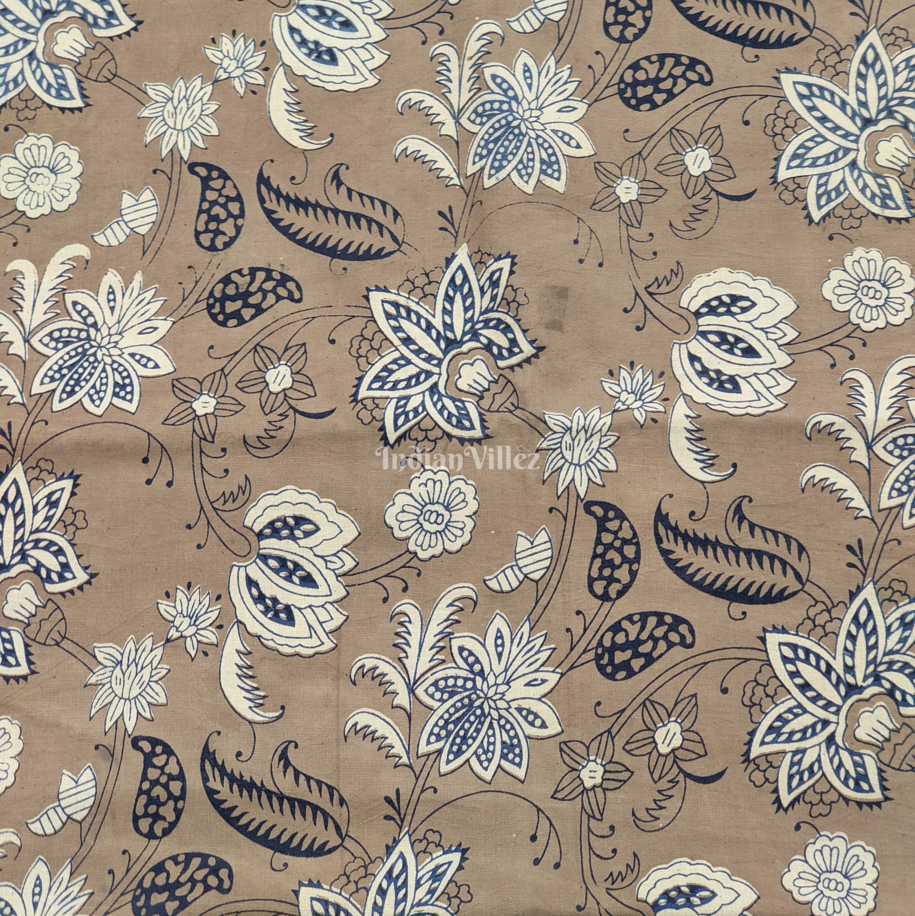 IndianVillèz Khaki Brown Floral Hand Block Printed Cotton Fabric - view 2