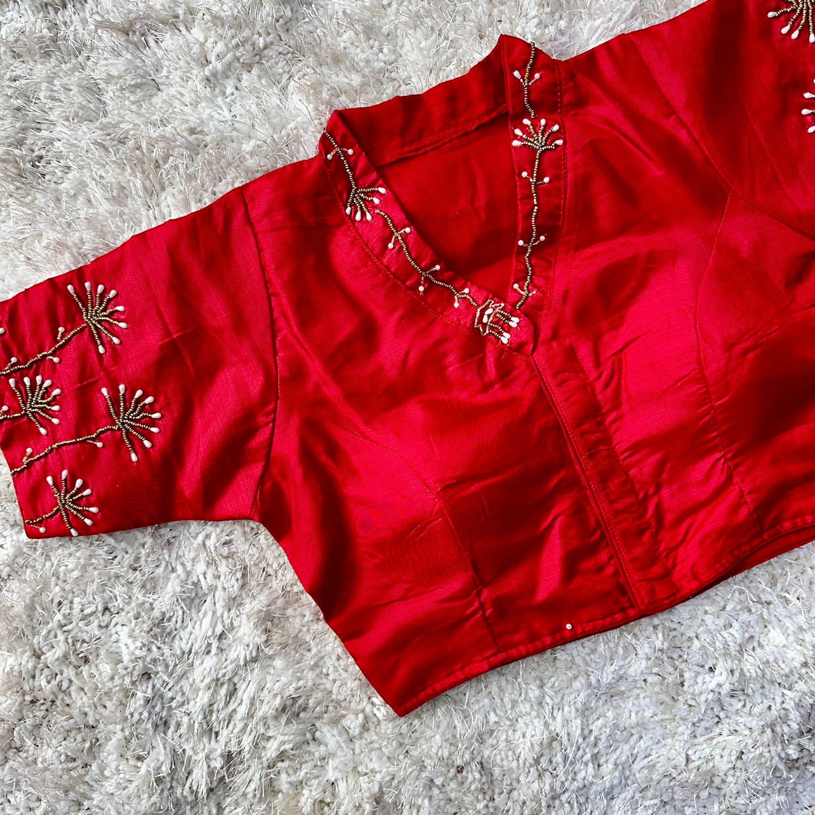 ClothsVilla Red Pista Silk Blouse with Handwork and Designer Handcrafted Collar