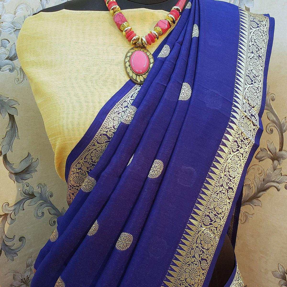 Peachmode Ethnic Navy Blue Colored Festive Wear Woven Vichitra Silk Saree - view 2