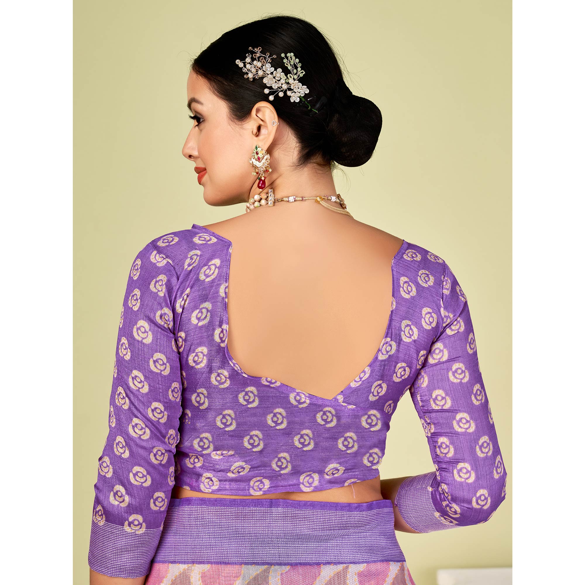 Peachmode Lavender Printed Tussar Silk Saree – Women's - view 4