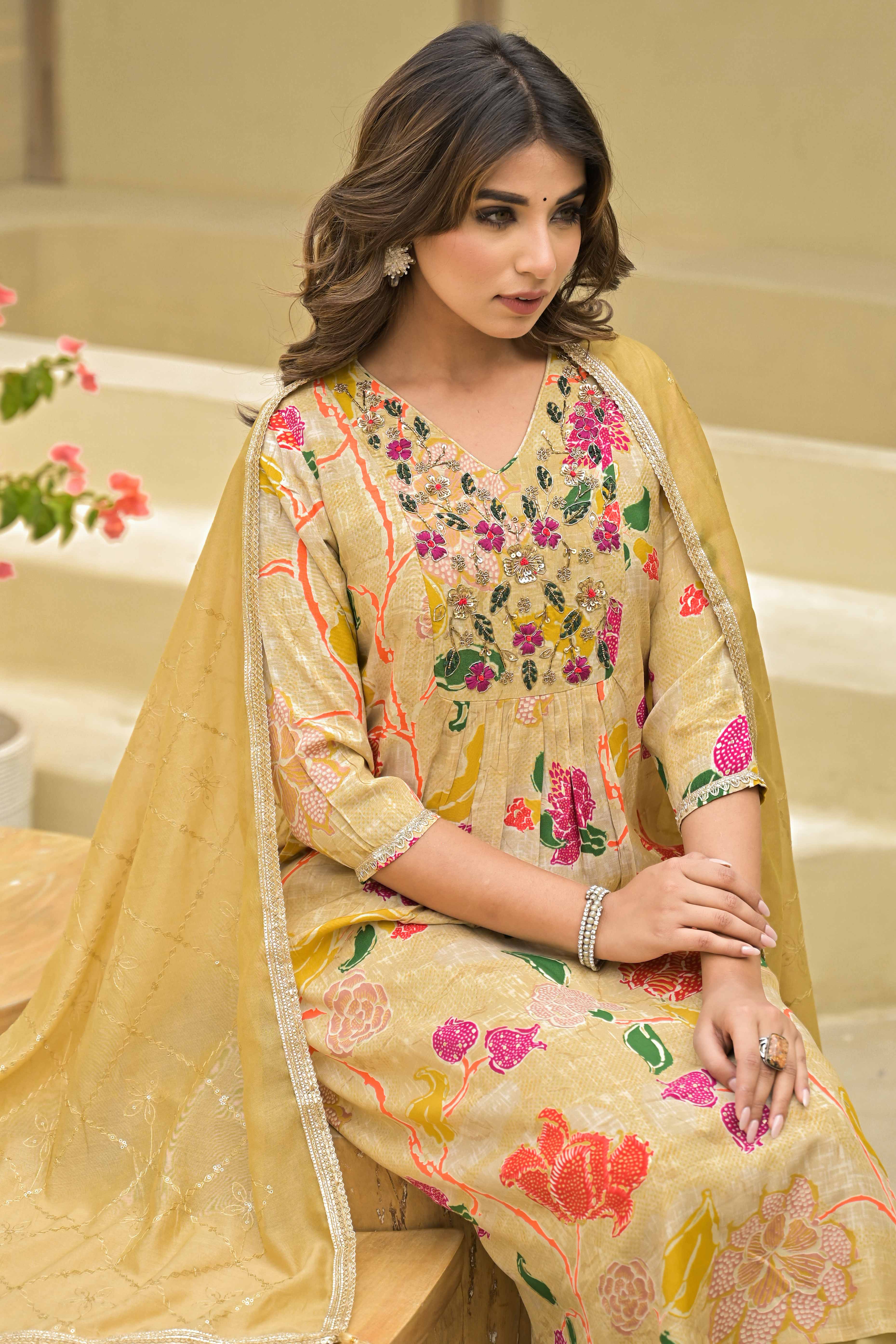 Peachmode Chikoo Floral Printed Muslin Anarkali Style Salwar Suit With Hand Work - view 9