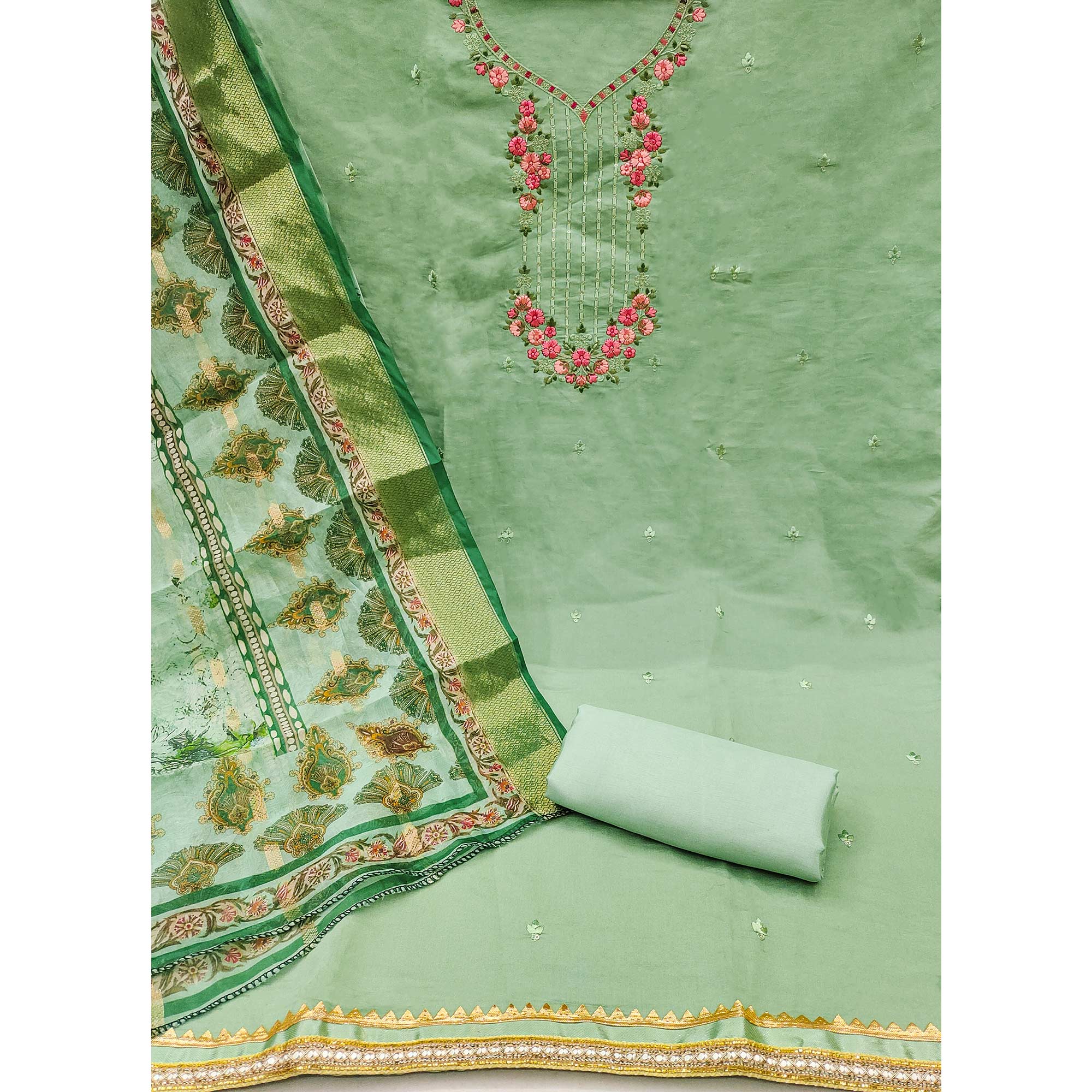 BlackTree green-floral-sequins-embroidered-chanderi-silk-dress-material-1 - view 4