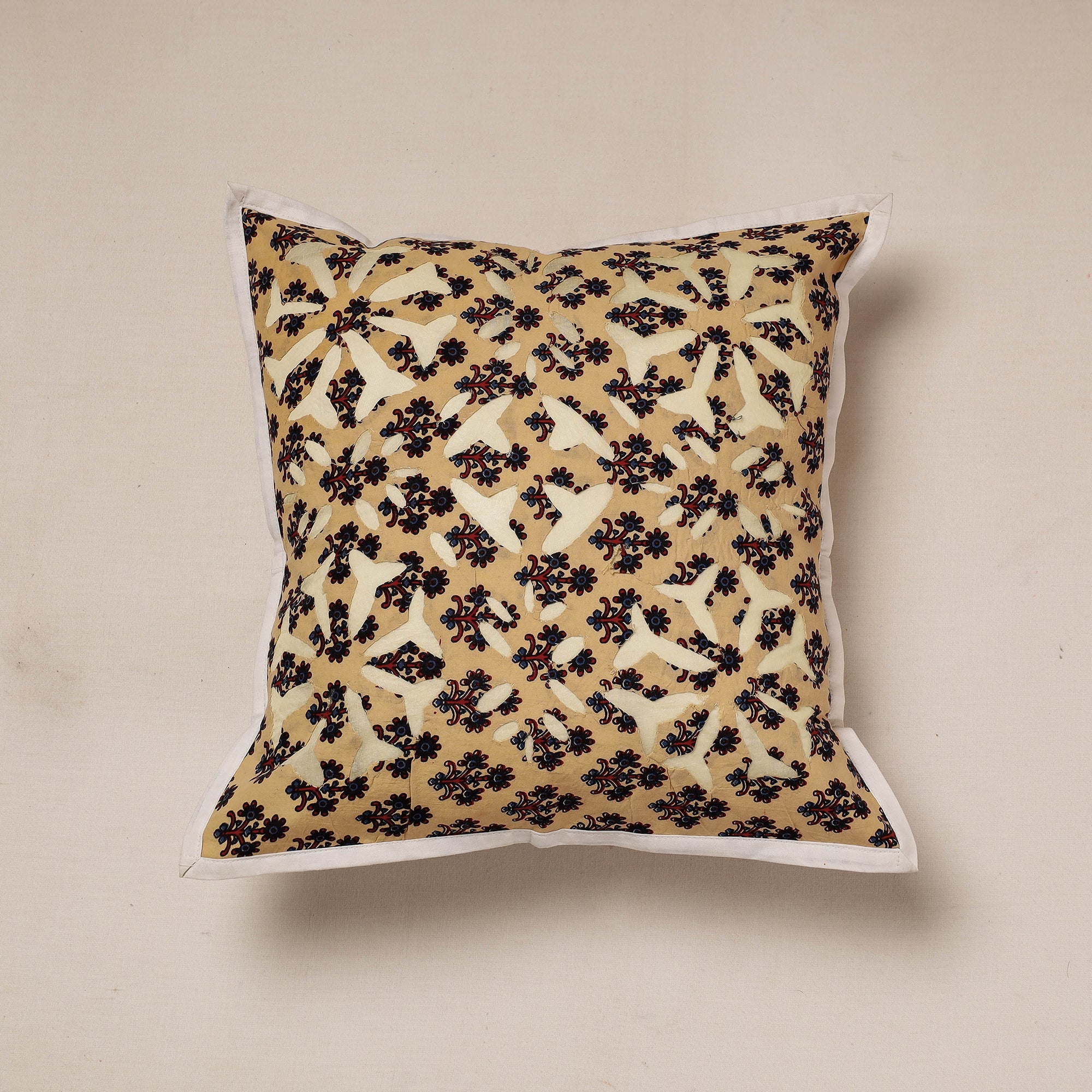 SHADES OF MARUDHARA Beige - Cutwork Cotton Applique Cushion Cover (16 x 16 in)