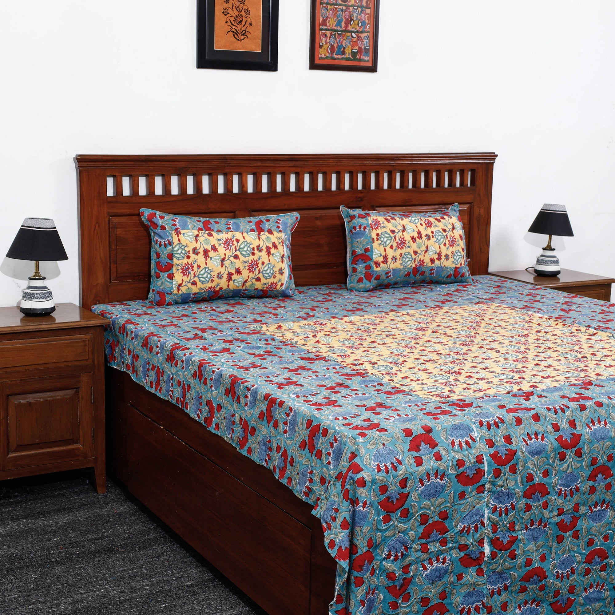 NOORI BAZAR Blue - Block Print Patchwork Cotton Sanganeri Bed Sheet