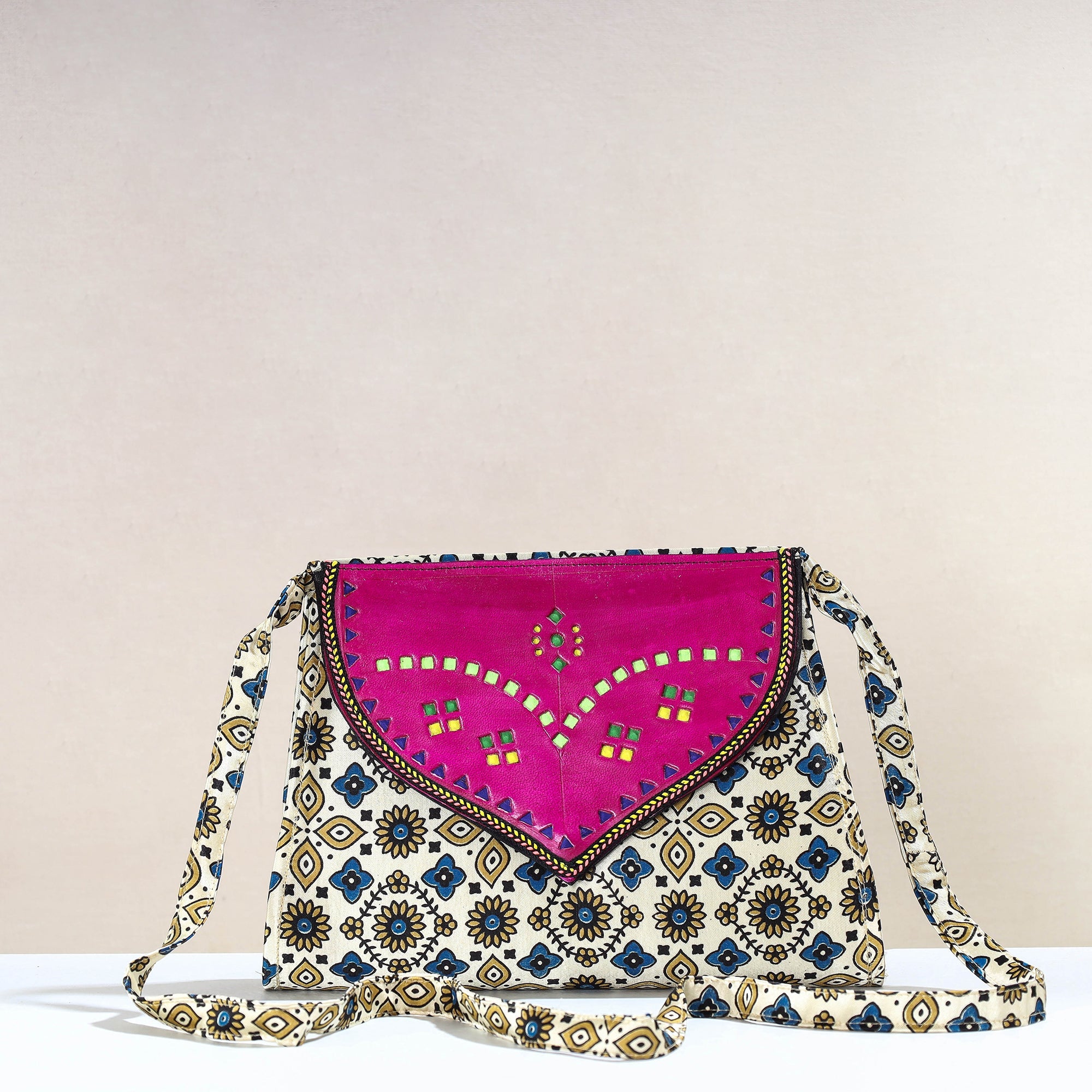 KACHCHH JI CHHAAP Beige - Handcrafted Ajrakh Mashru Silk Sling Bag with Leather Flap