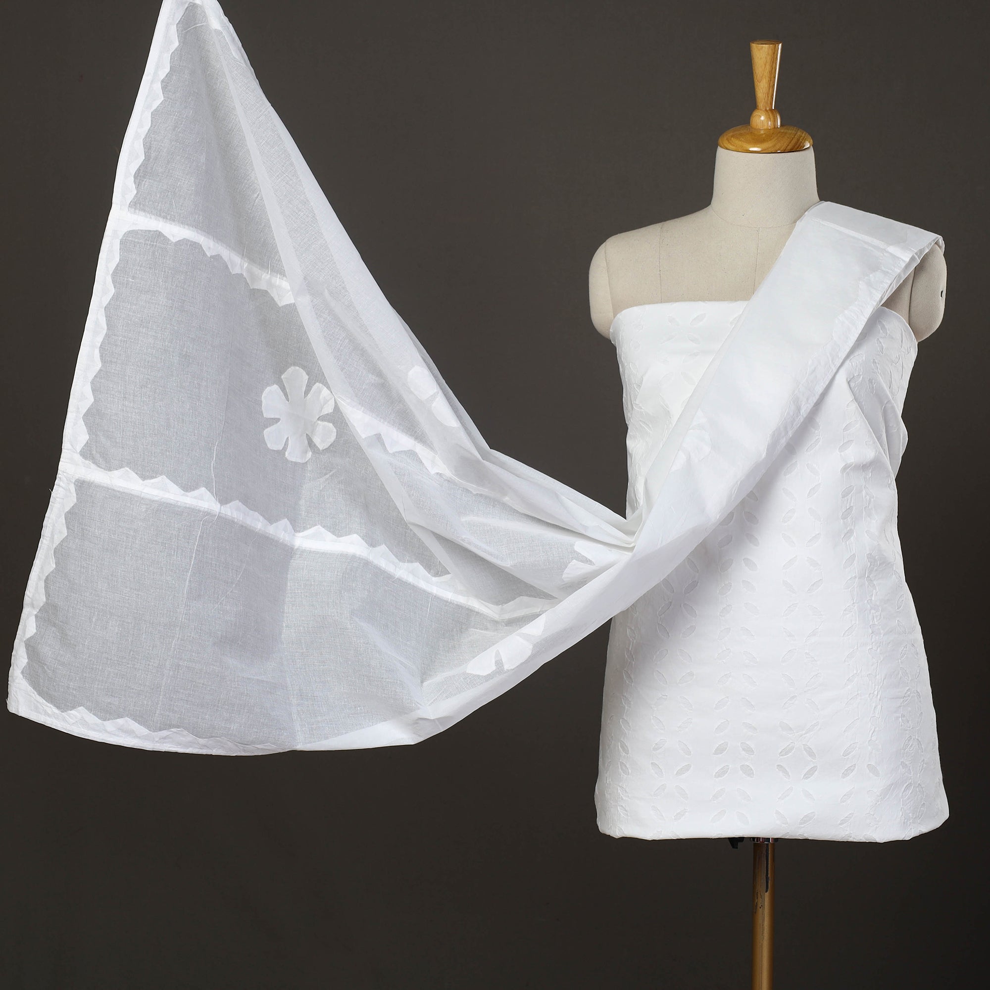 SHADES OF MARUDHARA White - 3pc Cut Work Cotton Barmer Applique Dress Material 50