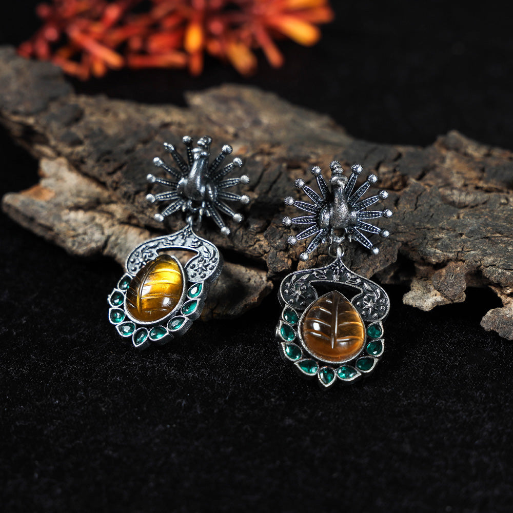 WHITE RIVER STORIES Antique Silver Finish Oxidised Special Brass Base Stone Work Earrings