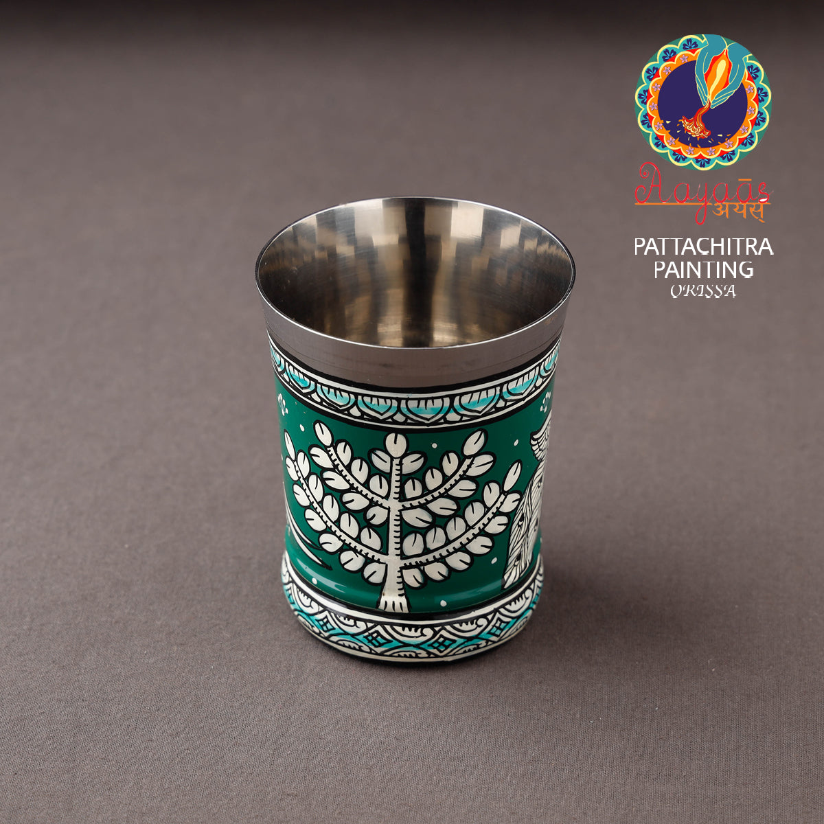 AAYAAS Green - Odisha Pattachitra Handpainted Stainless Steel Glass