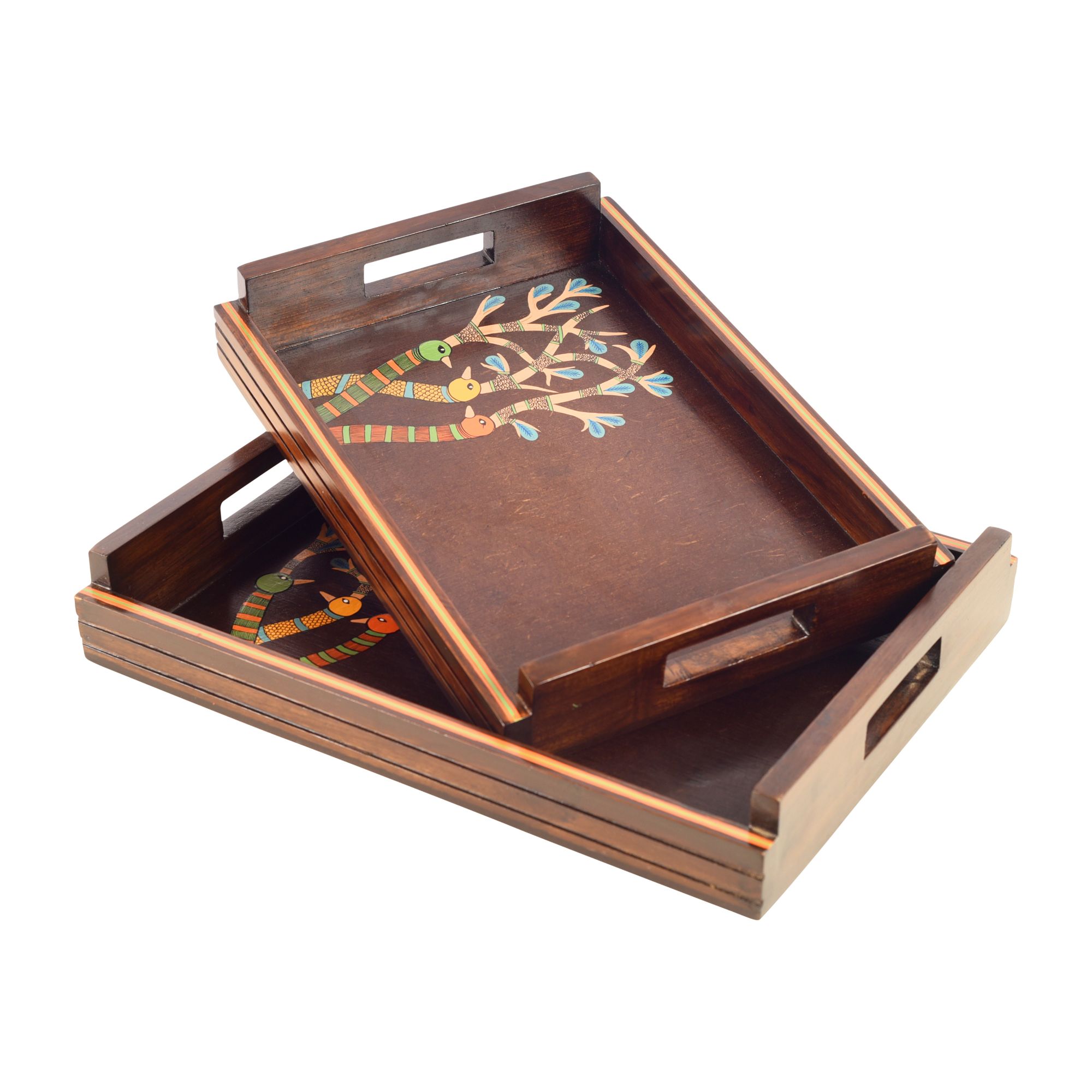 ART CREATIONS BY SUMAN SONTHALIA Brown - Chriping Birds Handcrafted Serving Tray (Set of 2) - view 2