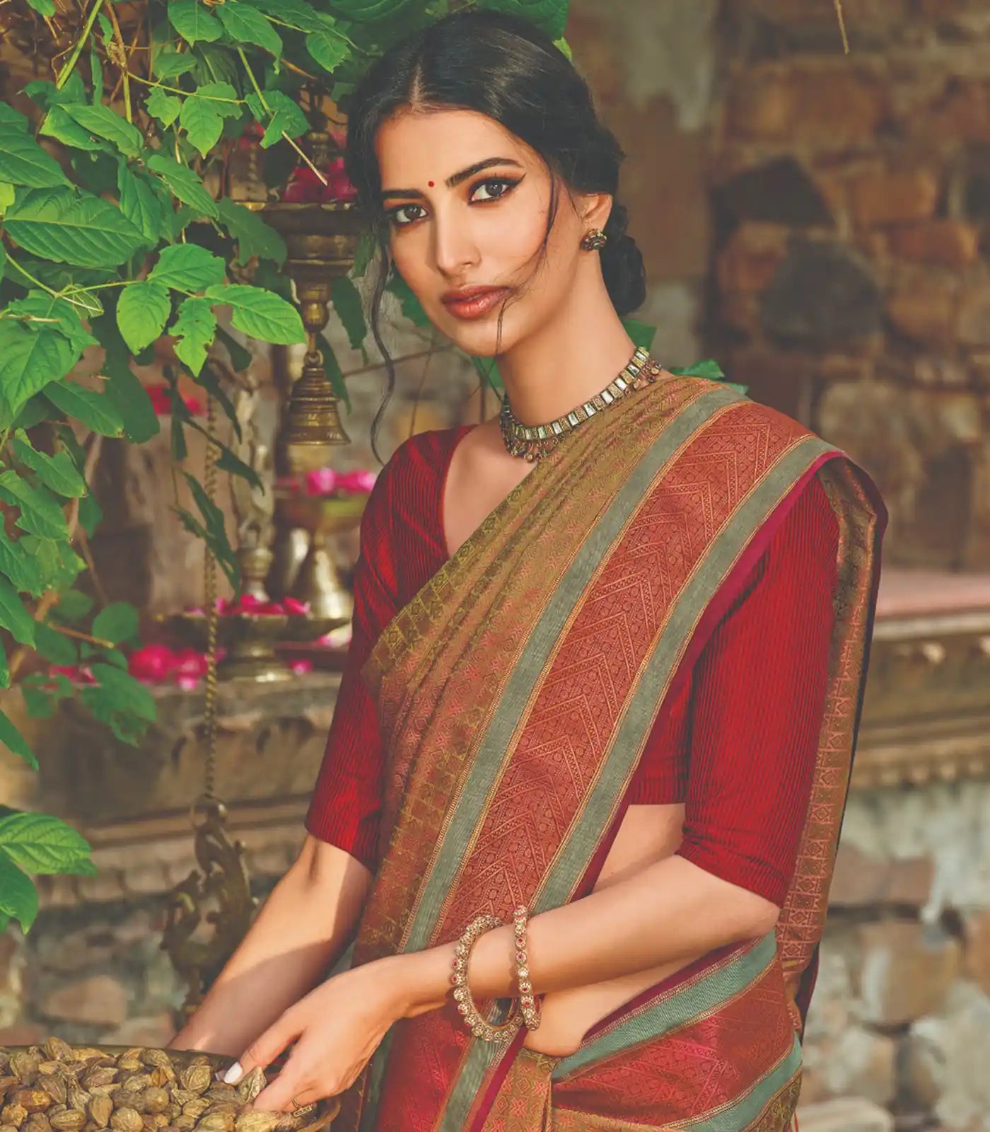 RmKV Dark Olive & Peach Handloom Kanchipuram Natural Dyed Silk Saree - view 2