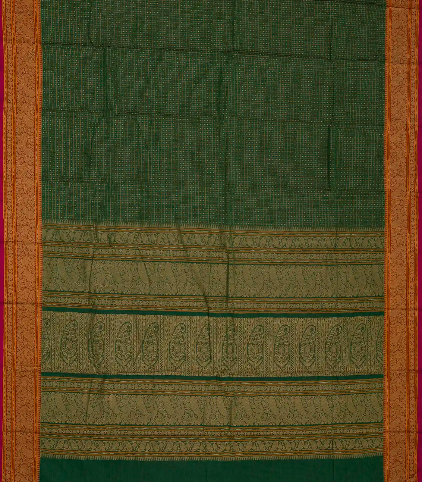 RmKV Dark Green Handloom Kanchi Cotton Saree With Checks & Square Motifs - view 2