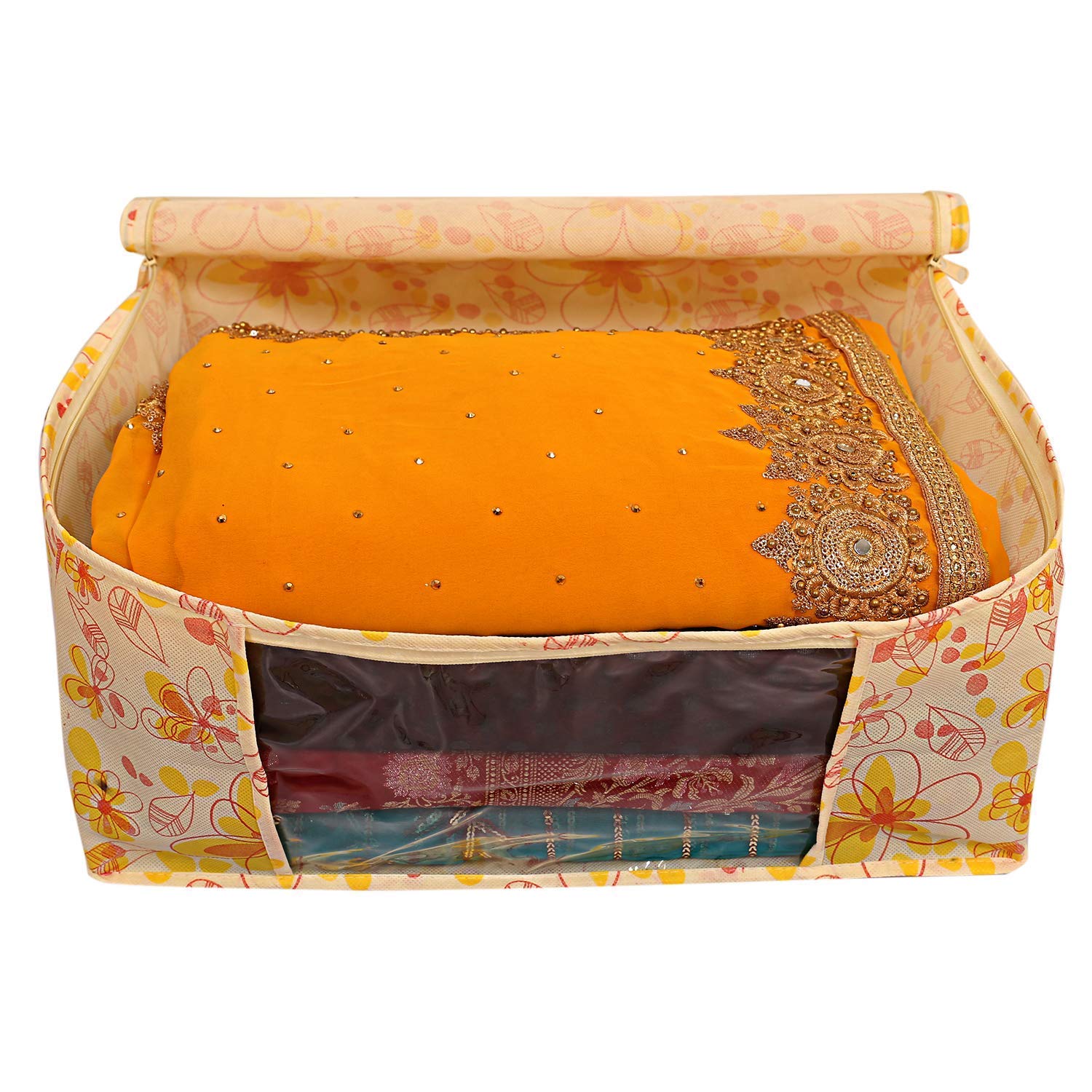 Kuber Industries Flower Printed Non Woven 2 Pieces Saree Cover and 2 Pieces Underbed Storage Bag, Cloth Organizer for Storage, Blanket Cover Combo Set - view 2
