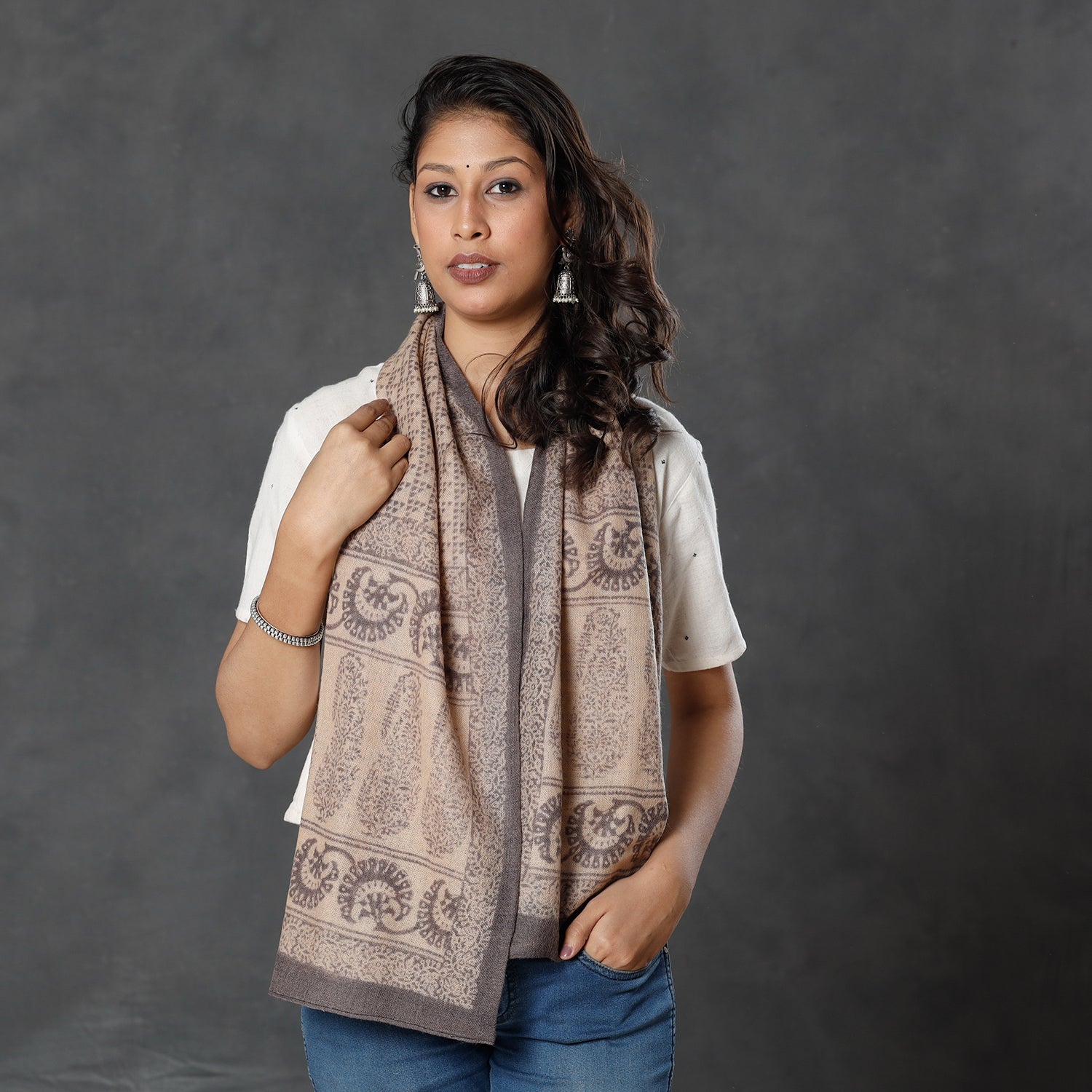 BAGH PRINTS BY MOHAMMED BILAL KHATRI Beige - Bagh Block Printed Natural Dyed Woolen Muffler (61 in) - view 2