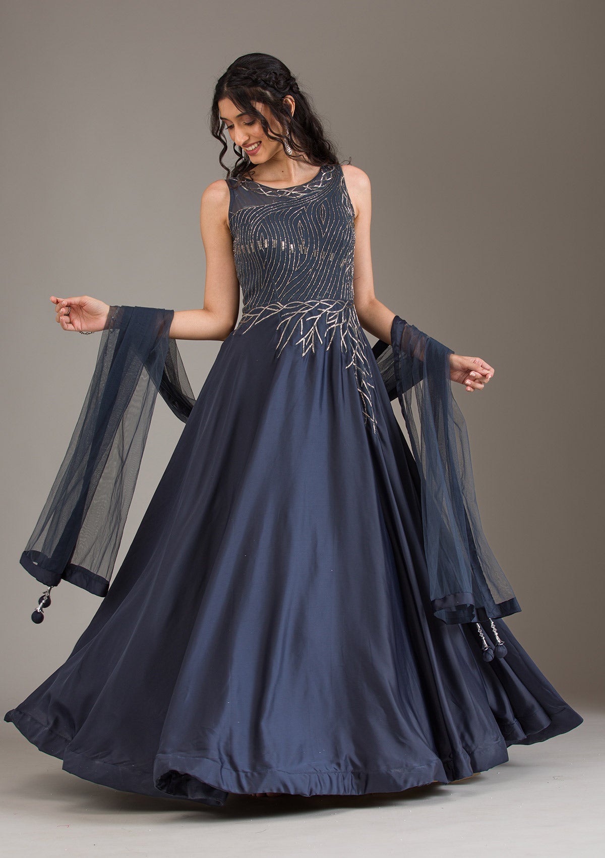 Koskii Navy Blue Cutdana Satin Gown