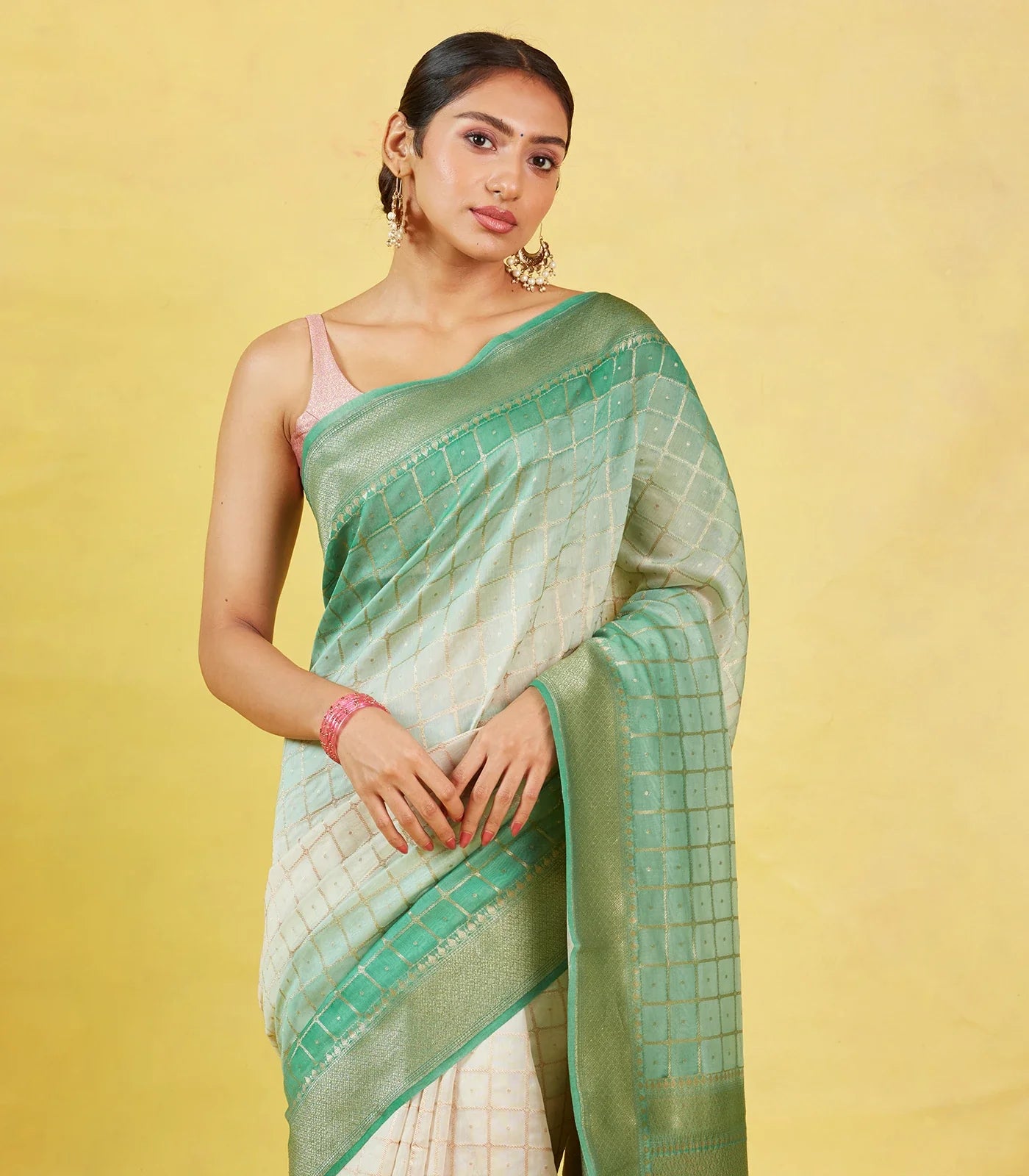 RmKV Off White Handloom Banarasi Silk Cotton Saree With Zari Checks - view 4