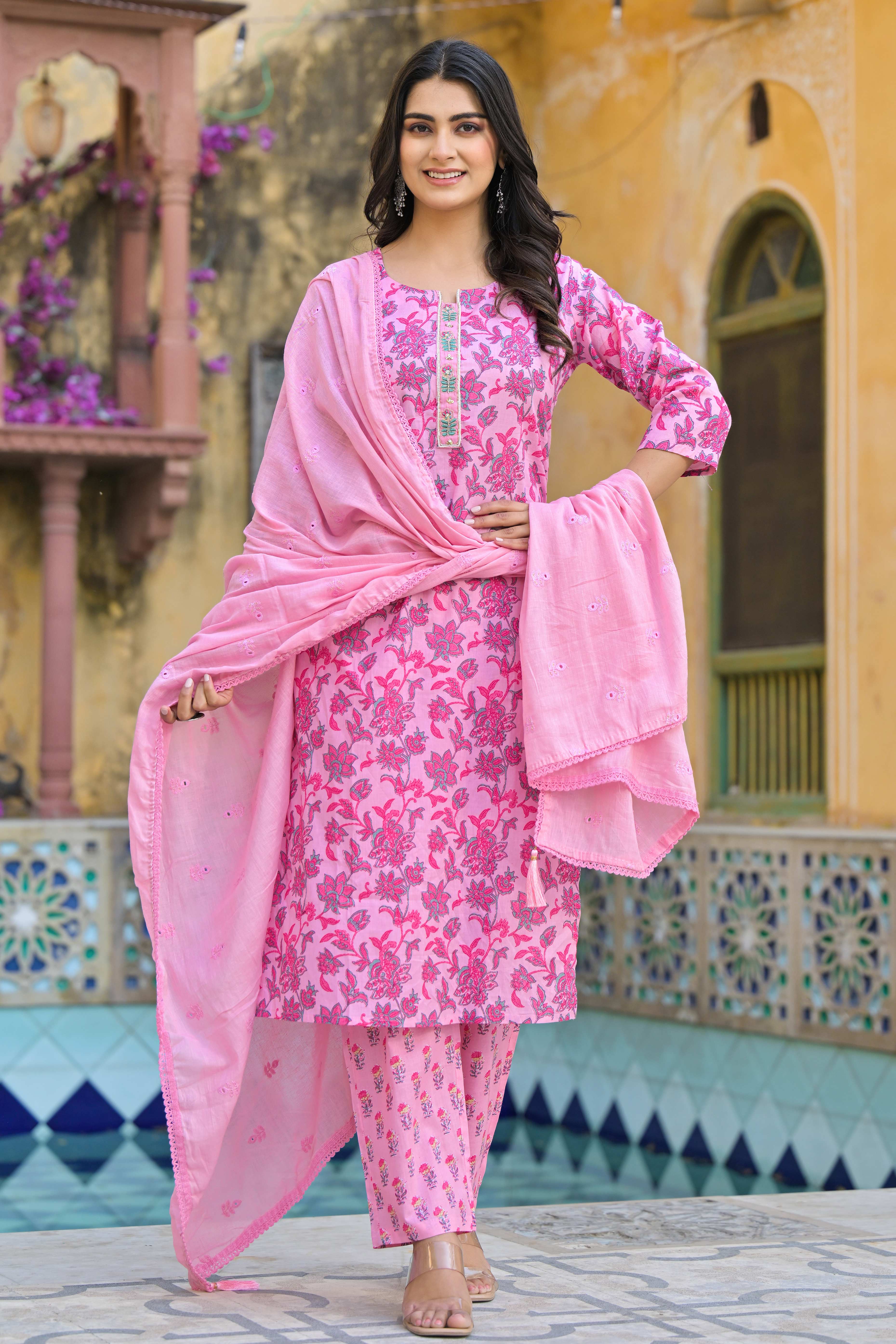 Peachmode Blush Pink Floral Printed Pure Cotton Straight Salwar Suit