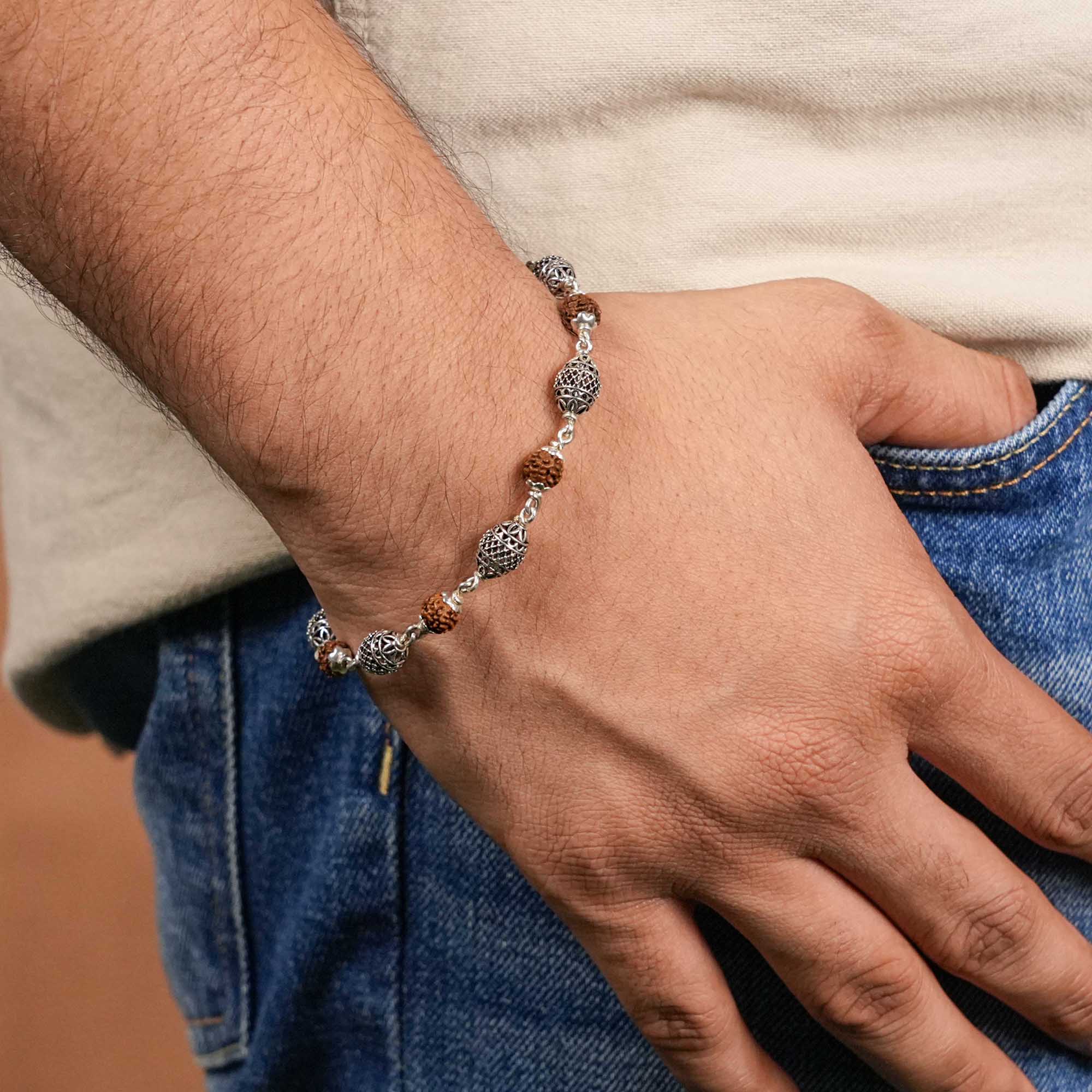 Prinjal Jewellers Rudraksha and Cylindrical Silver Beads Bracelet - view 2