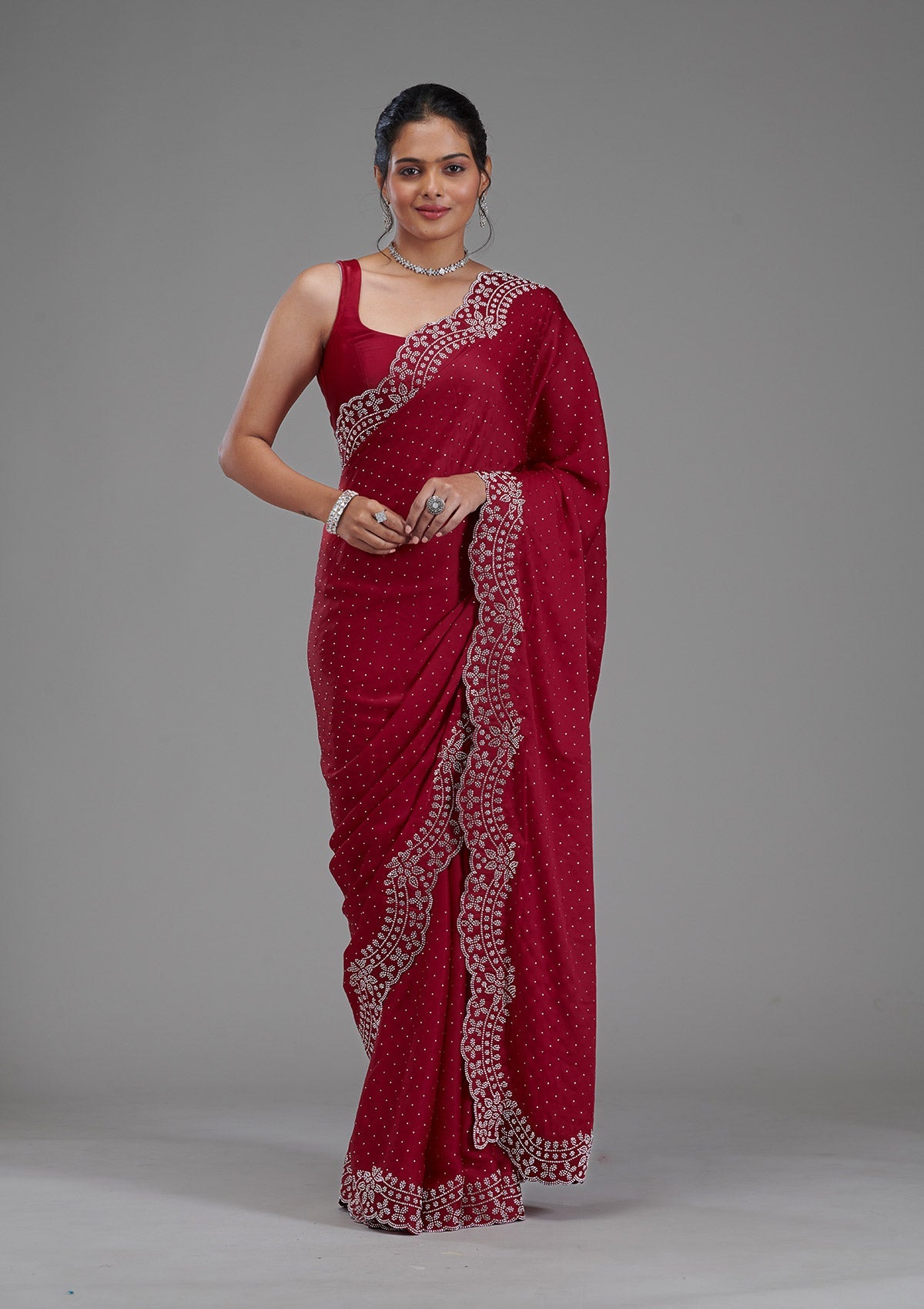 Koskii Maroon Swarovski Satin Saree – Women's - view 6