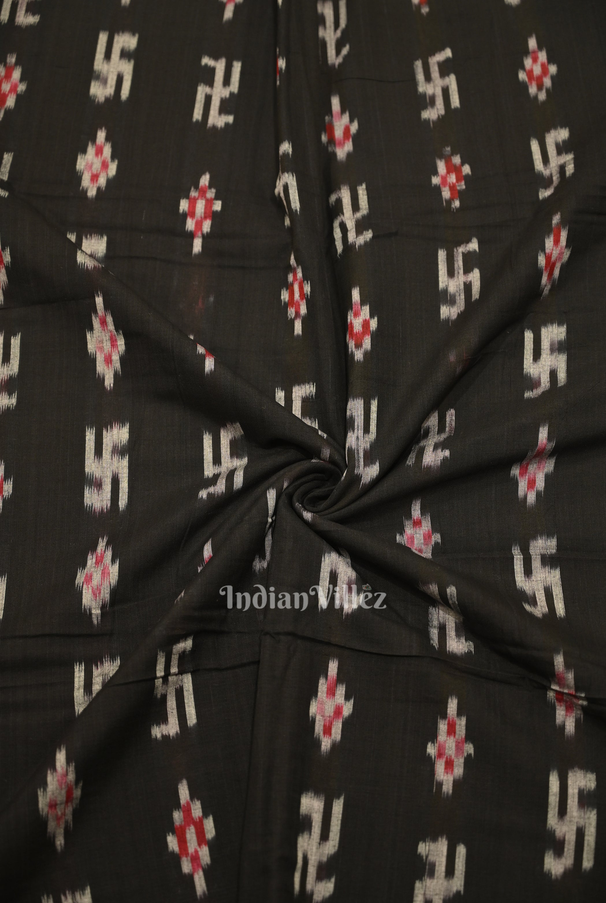 IndianVillèz Black Swastik Sambalpuri Ikat Cotton Fabric