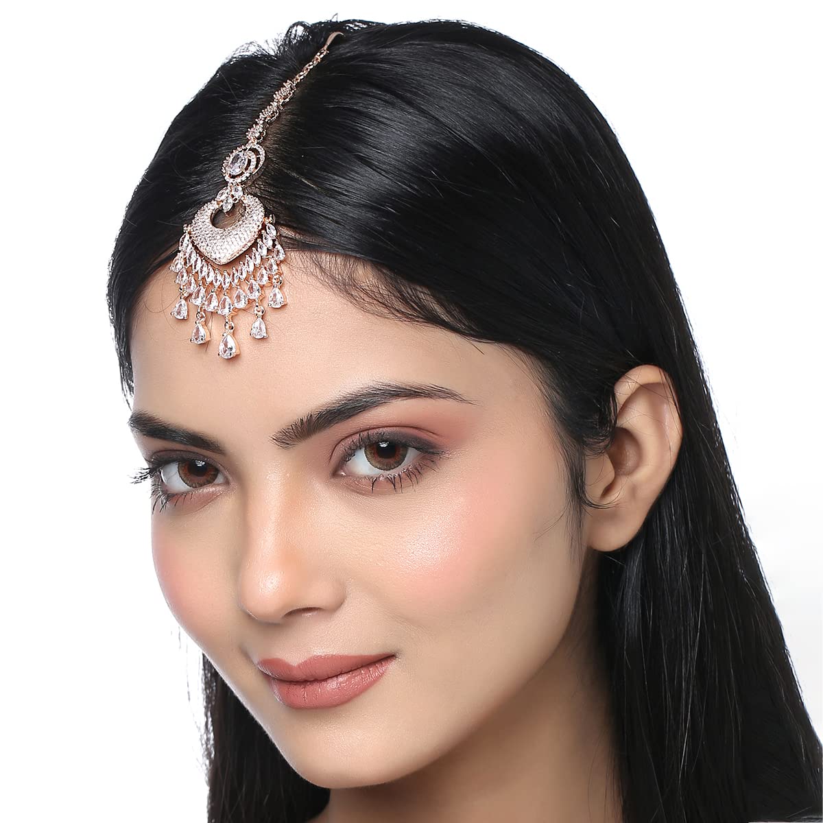 Yellow Chimes Mangtika for Women & Girls American Diamond Maang Tikka |Rose Gold Plated Chandbali Designed Maang Tikka for Women for Wedding | Birthda - view 3