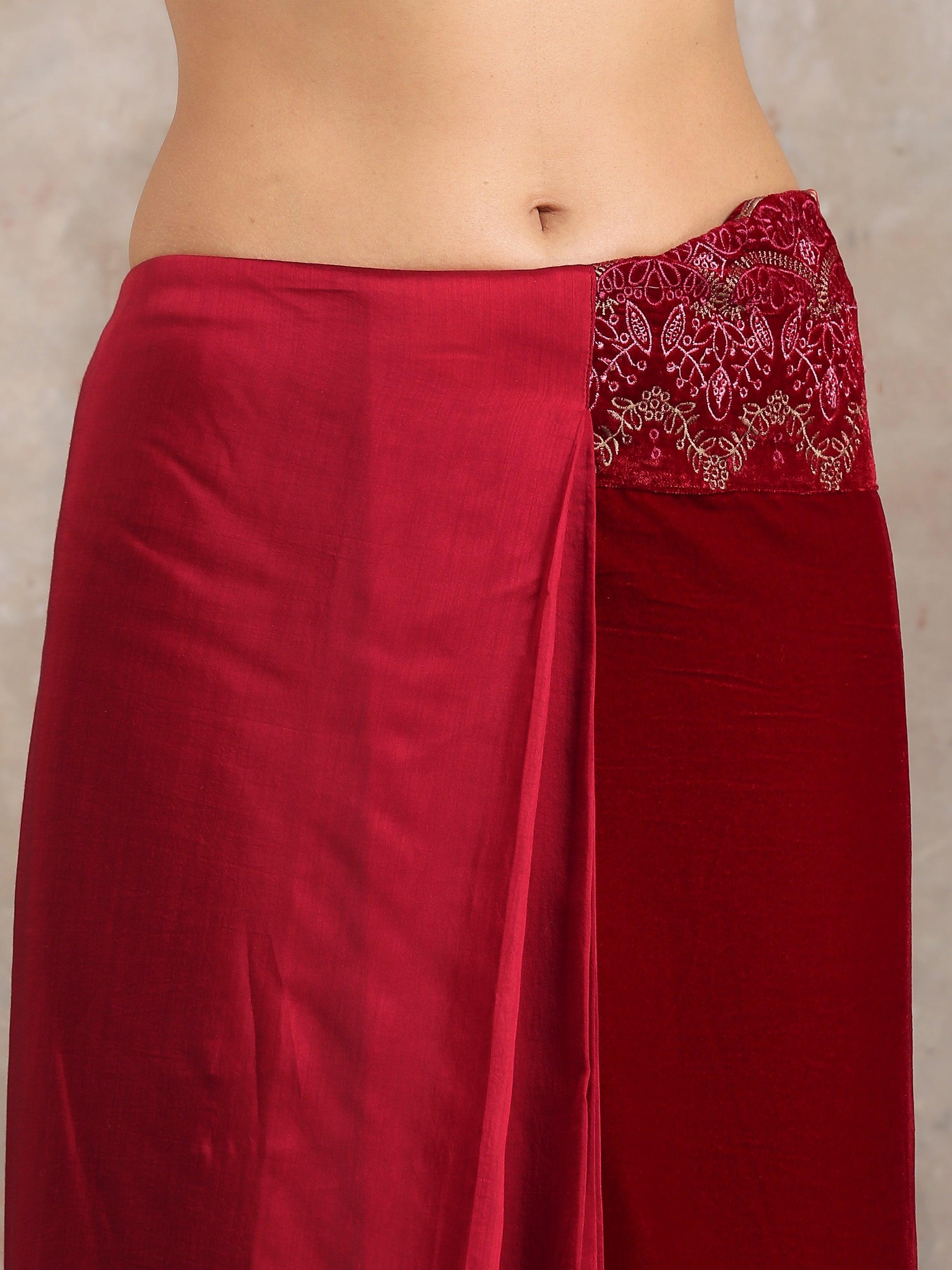 trueBrowns Red Velvet Silk Embroidered Ready To Wear Saree - view 2
