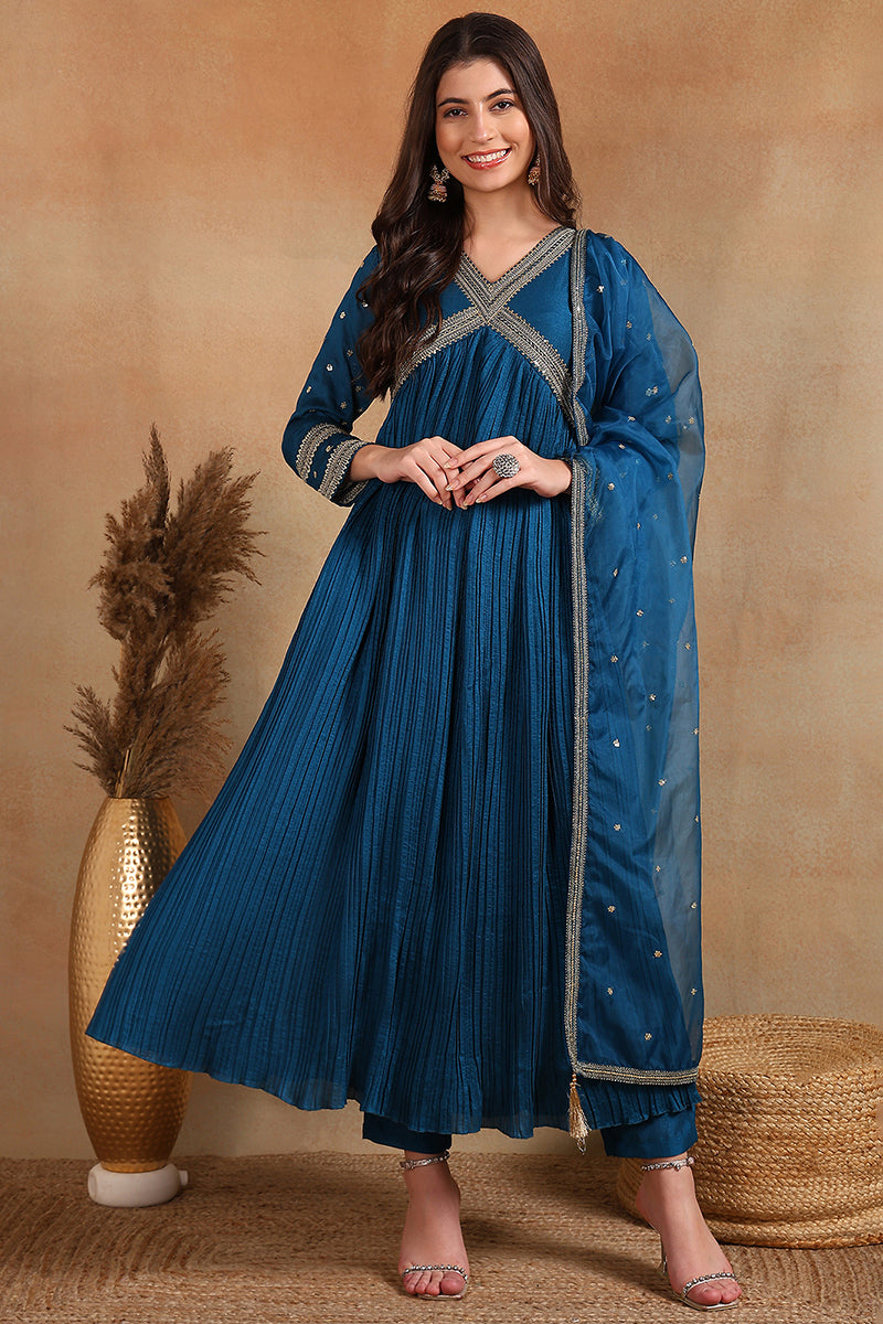 Ahika Blue Silk Blend Solid Embroidered Flared Style Suit Set PKSKD2095