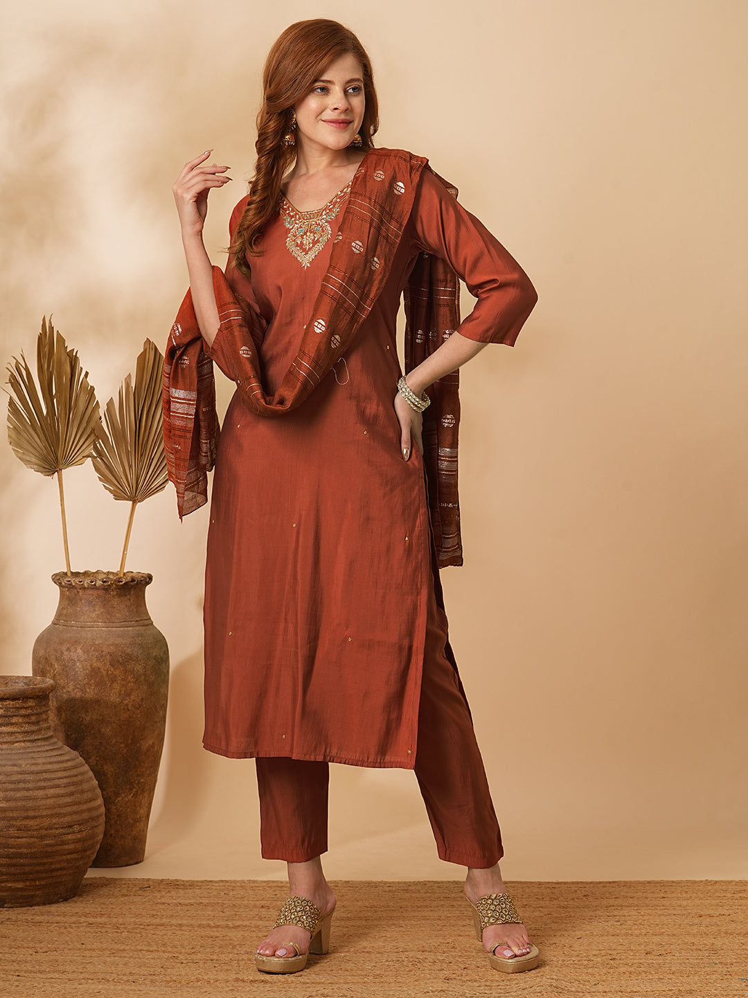 Fashor Solid Floral Hand Embroidered Straight Fit Kurta with Pant & Dupatta - Rust