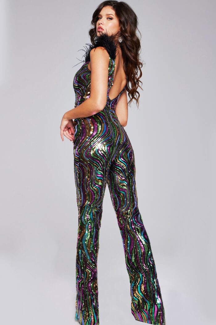 Jovani 37276 Sequin Long Fit Formal Jumpsuit – Multi/Black - view 2