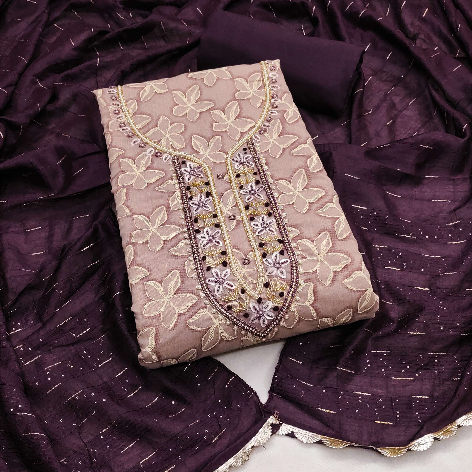 Peachmode Light Mauve Floral Printed With Hand Embroidery Chanderi Dress Material