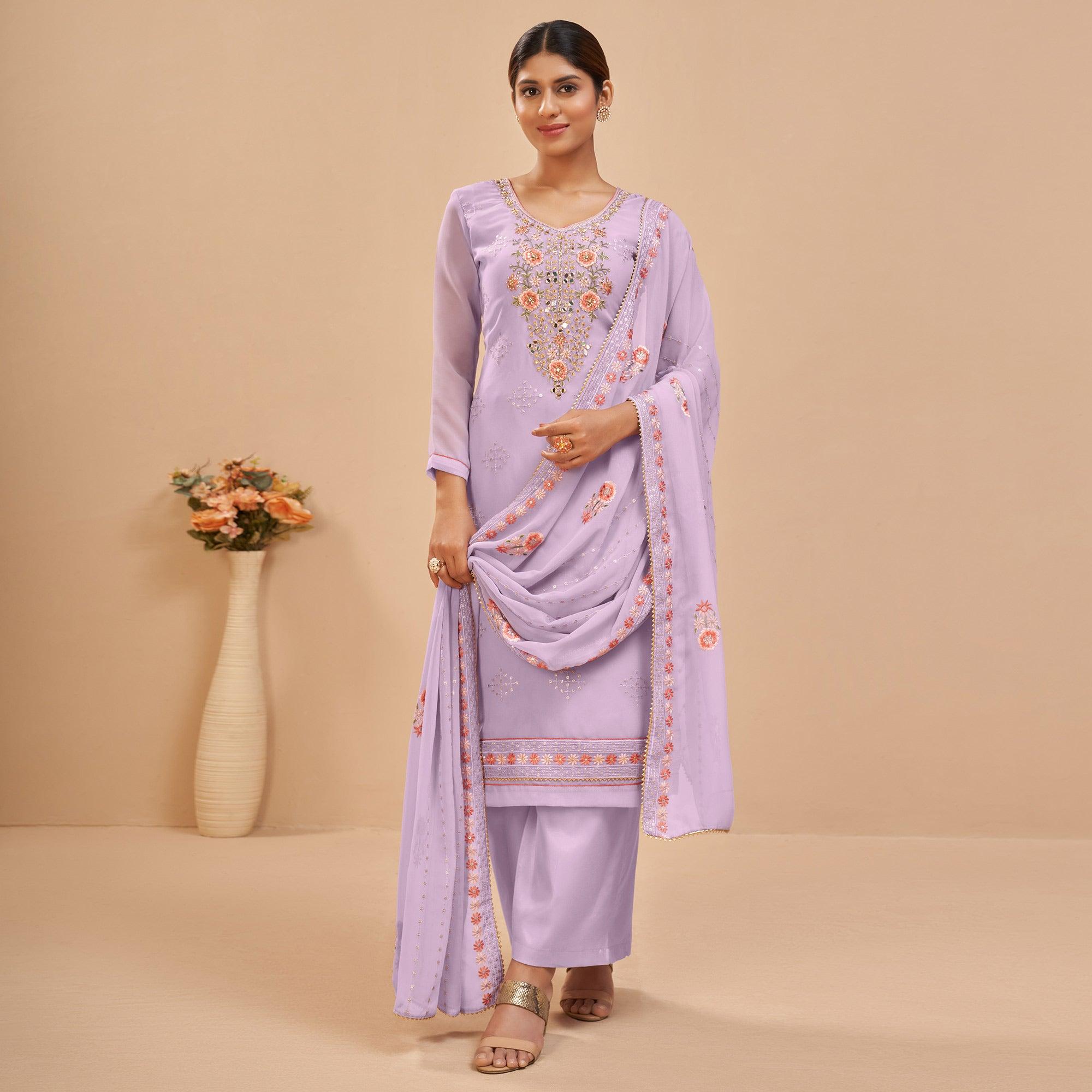 Peachmode Lavender Party Wear Embroidered Georgette Suit - view 3