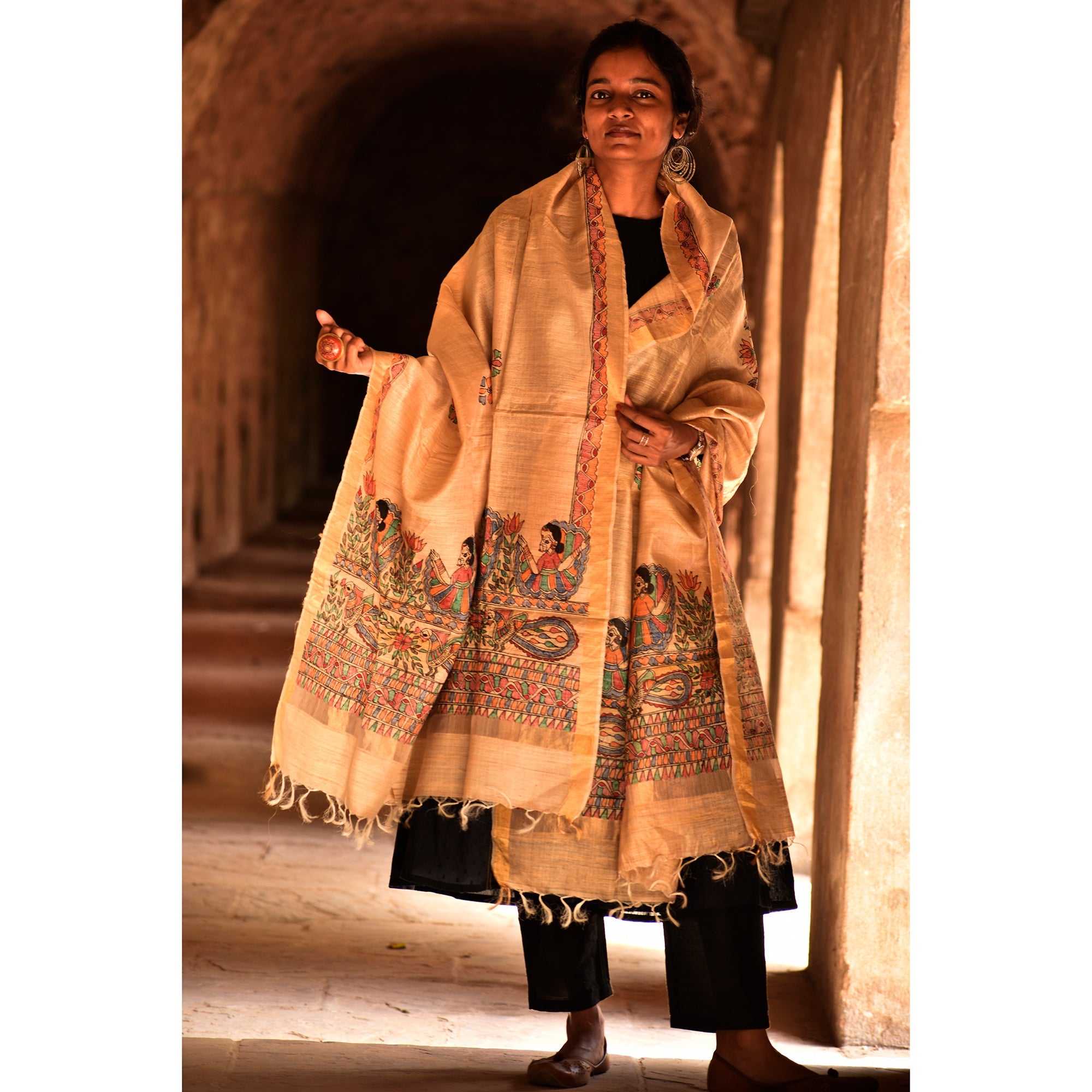 Beige - Diorama Designs Zari Border Tussar Silk Dupatta - view 2