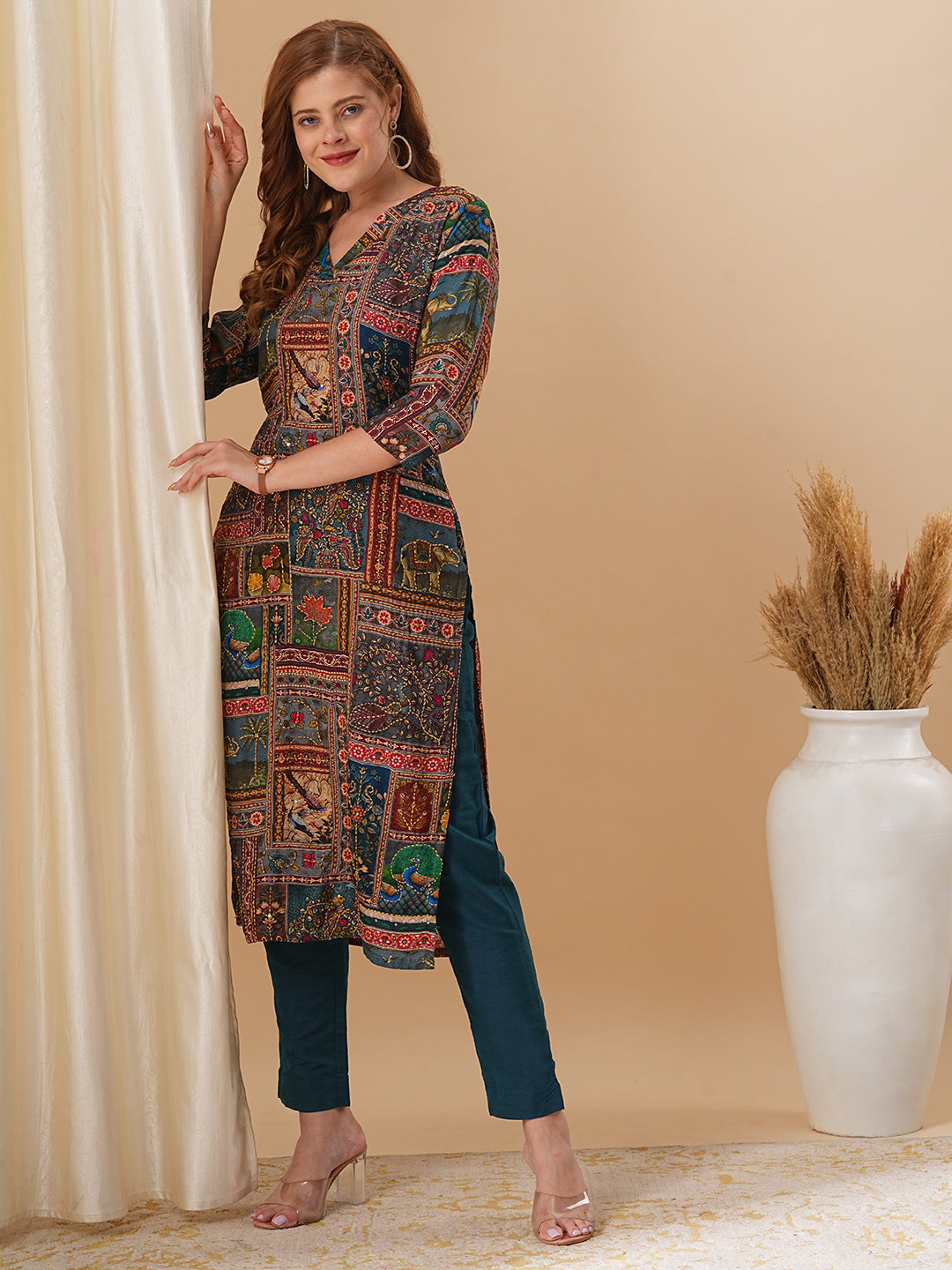 Fashor Ethnic Kalamkari Printed & Kantha Embroidered Straight Fit Kurta - Multi