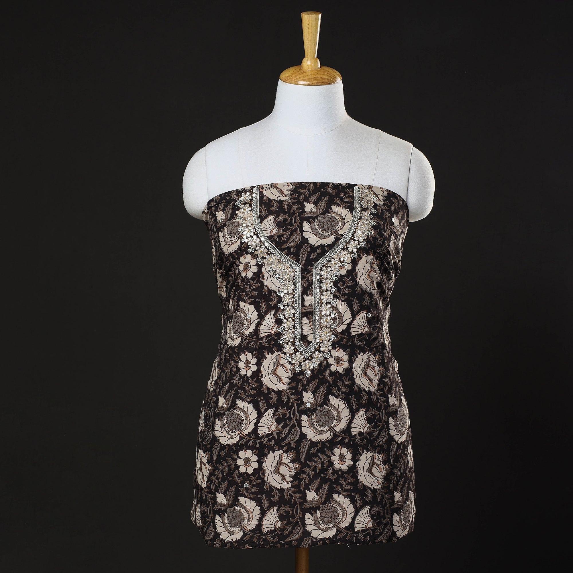 NOORI BAZAR Black- Bead Work Embroidery Bagru Print Cotton Kurta Material