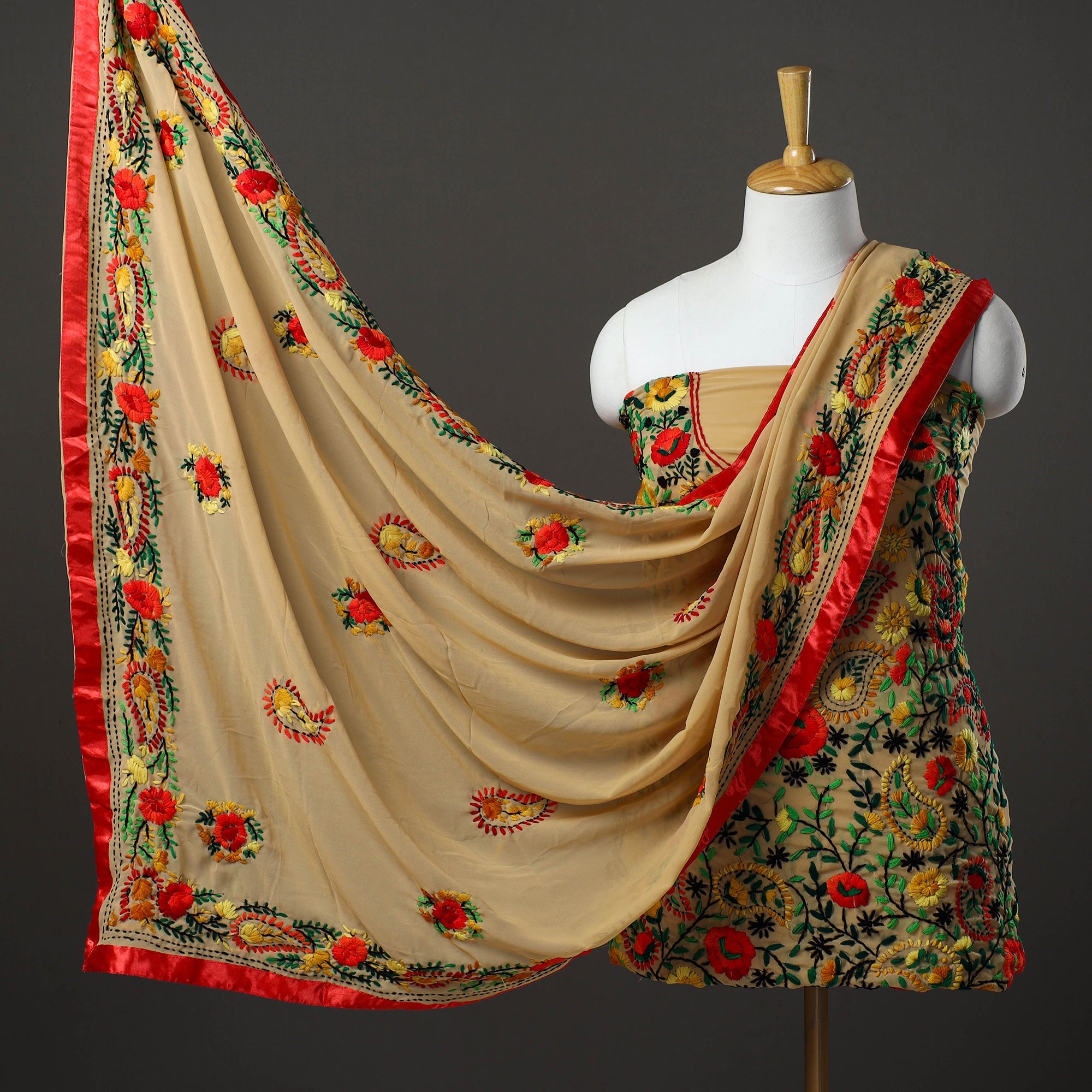 ITOKRI CRAFTS INITIATIVE Brown - 3pc Hand Embroidery Georgette Phulkari Dress Material 46