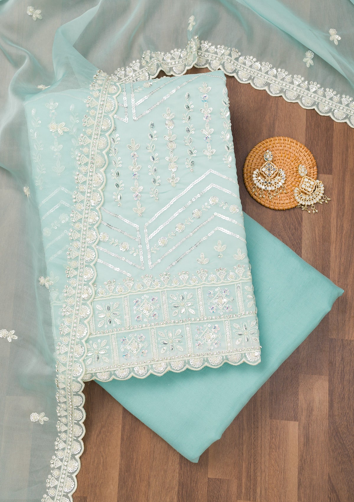 Koskii Sky Blue Sequins Georgette Unstitched Salwar Suit