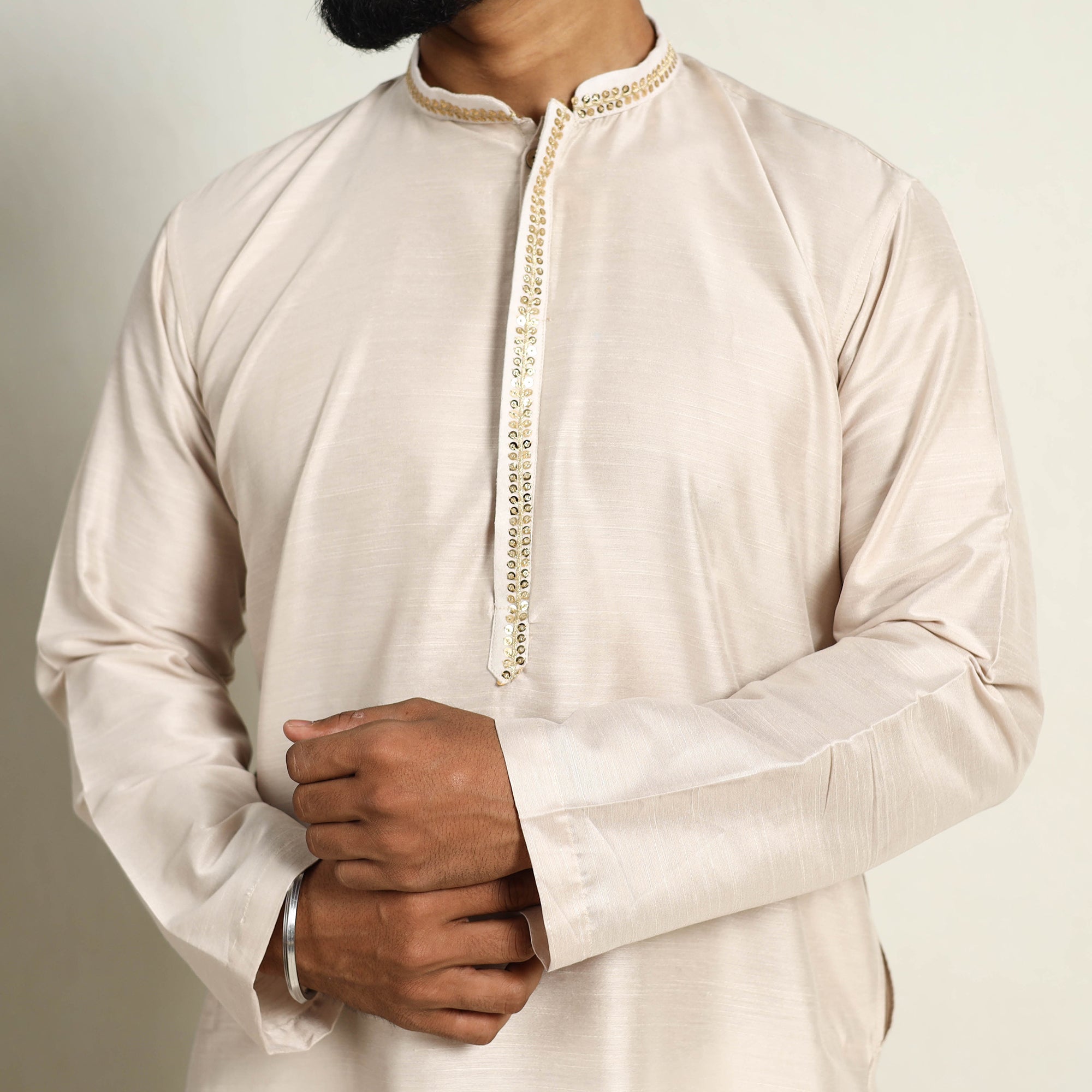 ITOKRI CASUALS Beige - Slub Silk Kurta for Men with Detailed Neckline Work 06 - view 4
