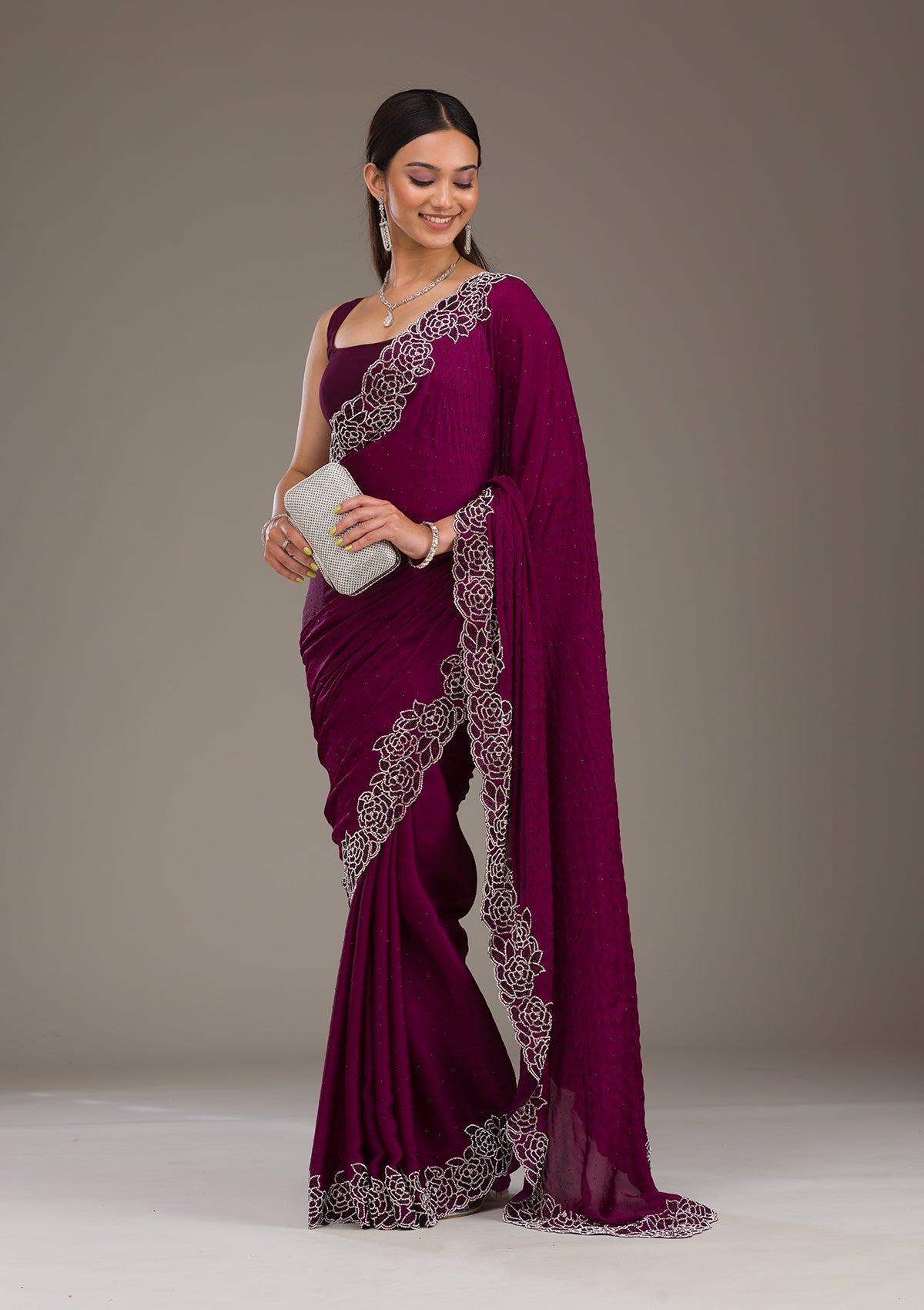 Koskii Wine Swarovski Satin Saree – Women's