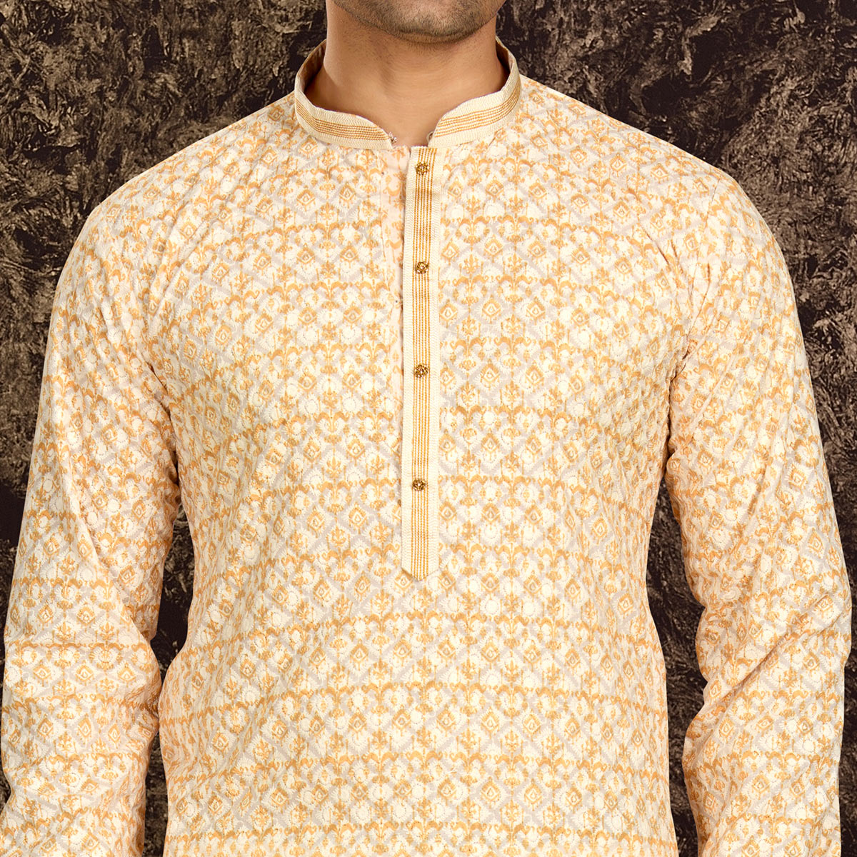 Peachmode Seller Light Yellow Lucknowi And Digital Printed Cotton Kurta Pyjama Set - view 3