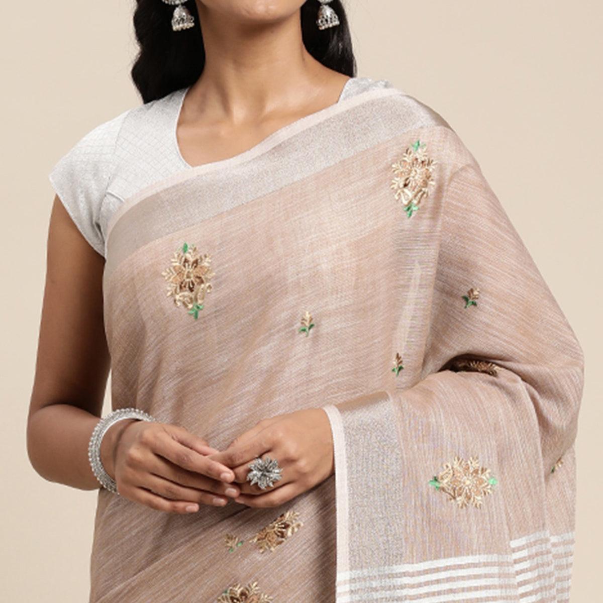 Peachmode Brown Embroidered Linen Saree With Tassels - view 2