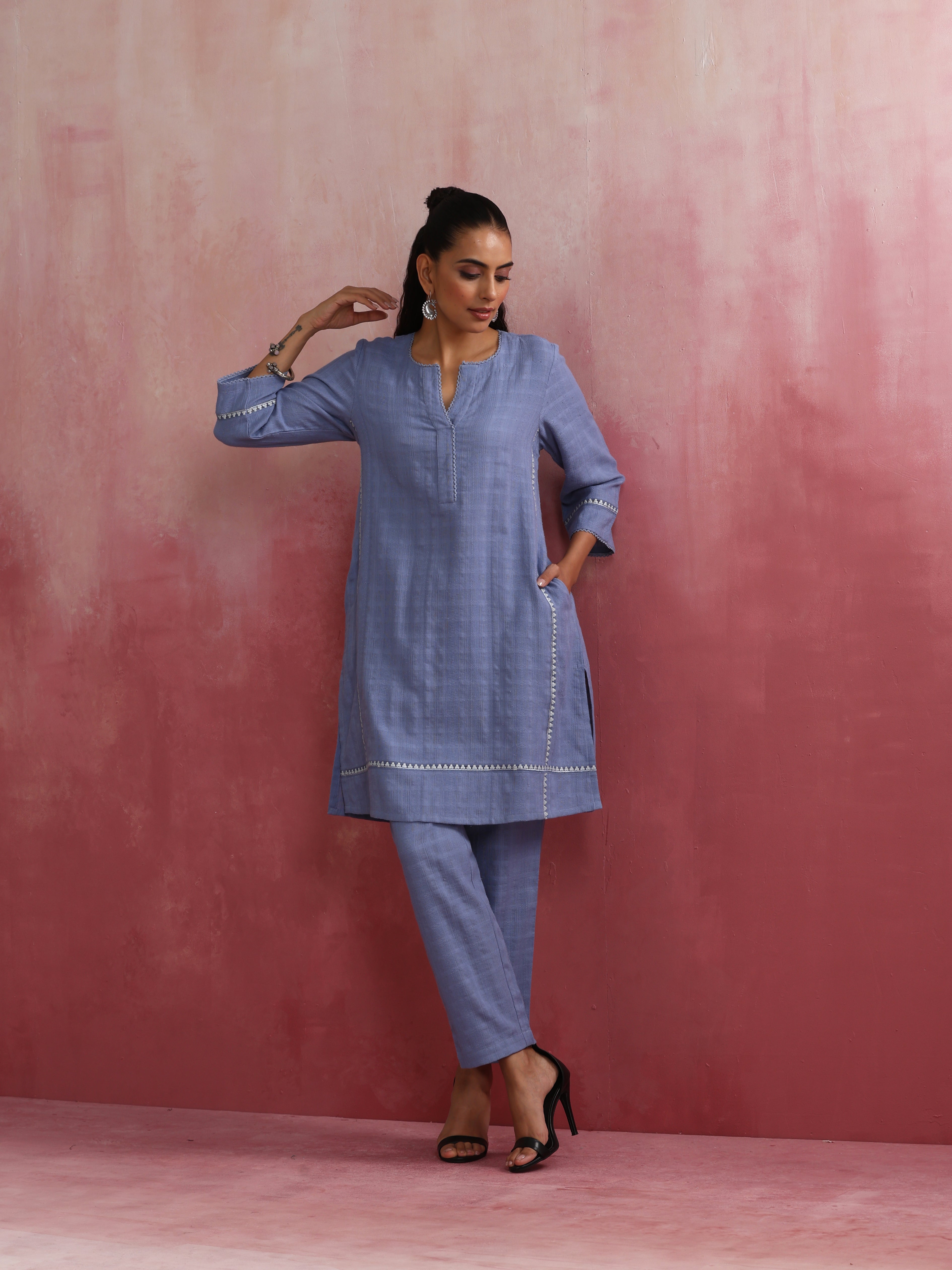 trueBrowns Sky Blue Cotton Kurta Co-ord set - view 3