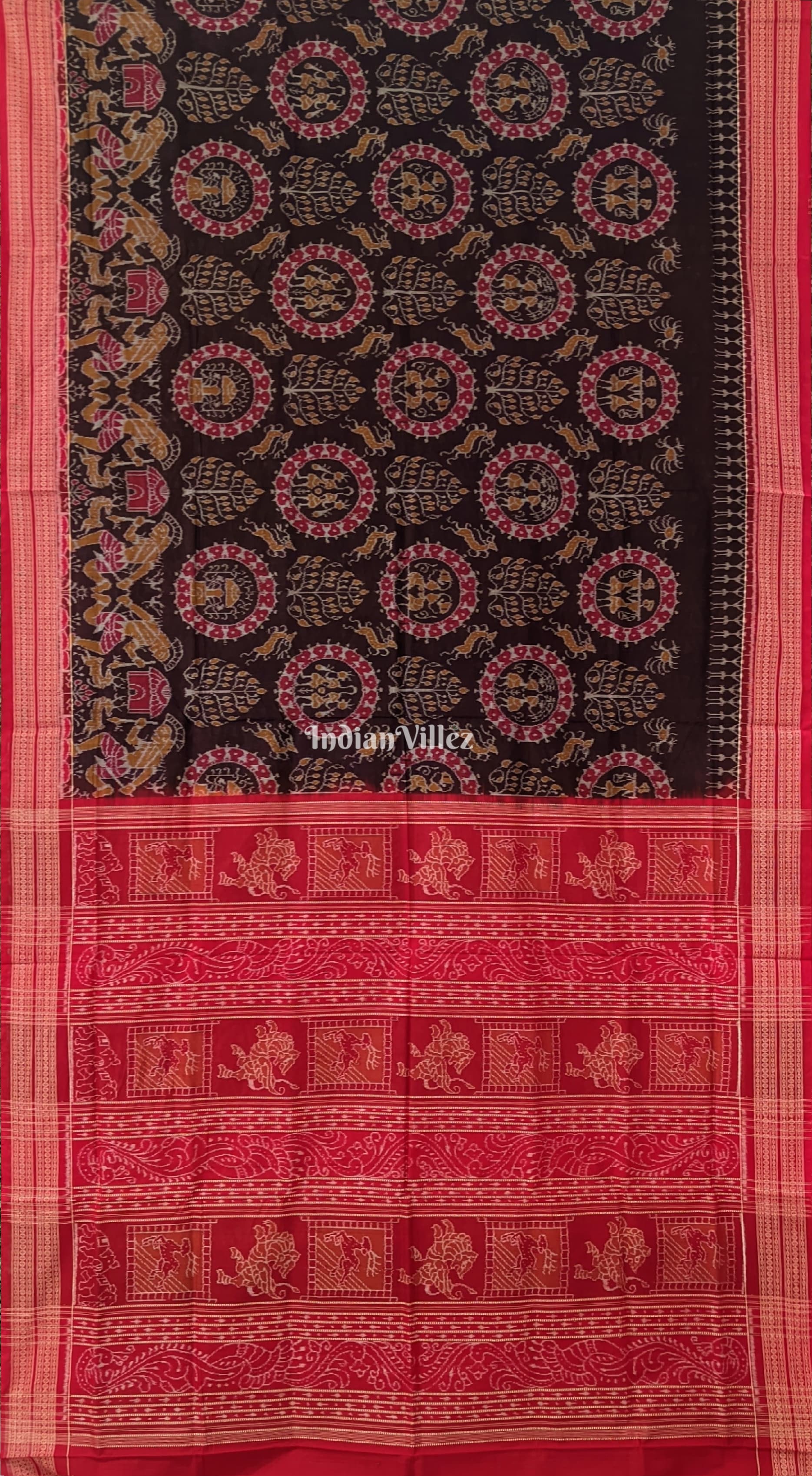 IndianVillèz Chocolate Brown Tribal With Patli Design Sambalpuri Cotton Saree