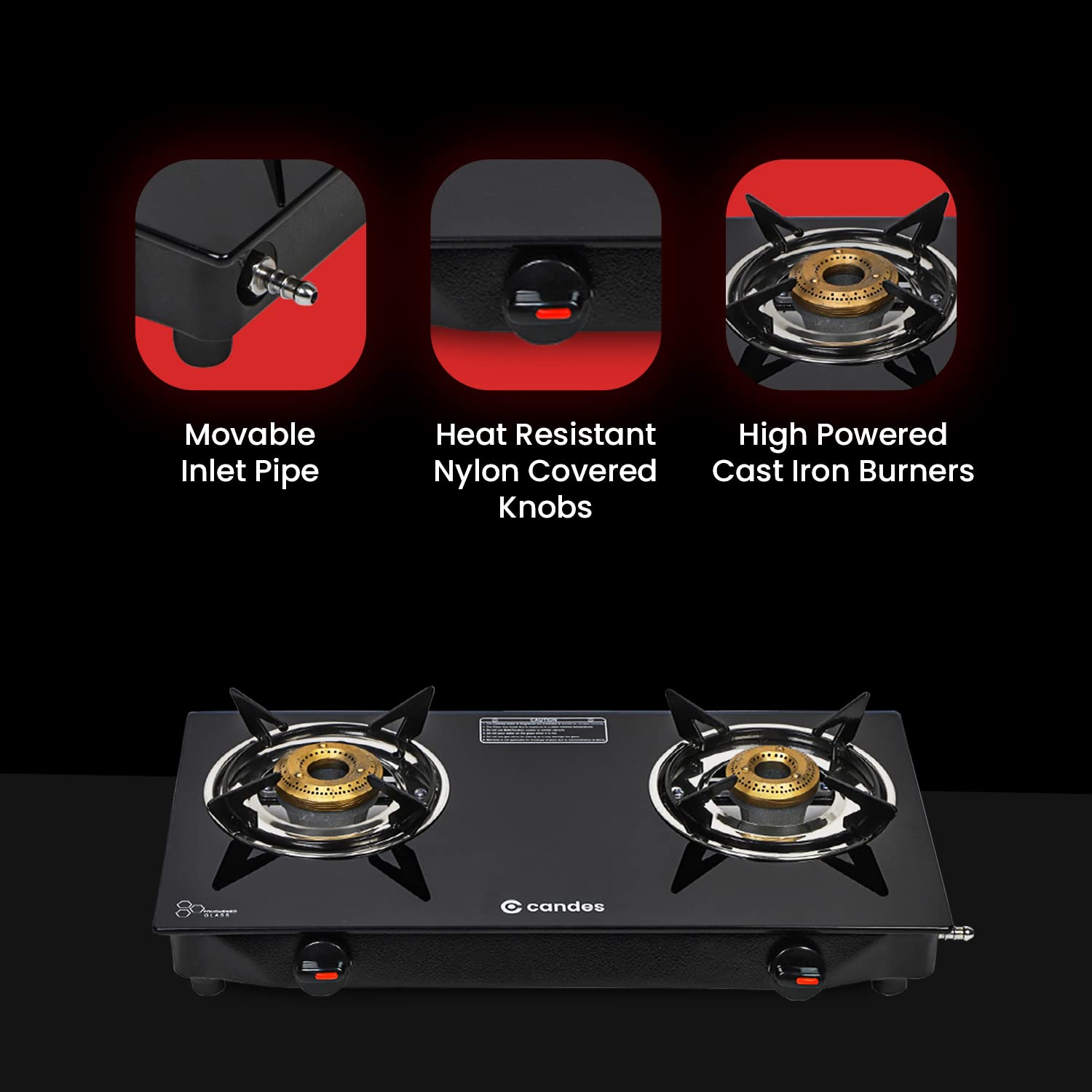 Candes Flame Glass Top Gas Stove | Manual Ignition, Black (ISI Certified | With 12 Months Warranty (2 Burner) - view 4