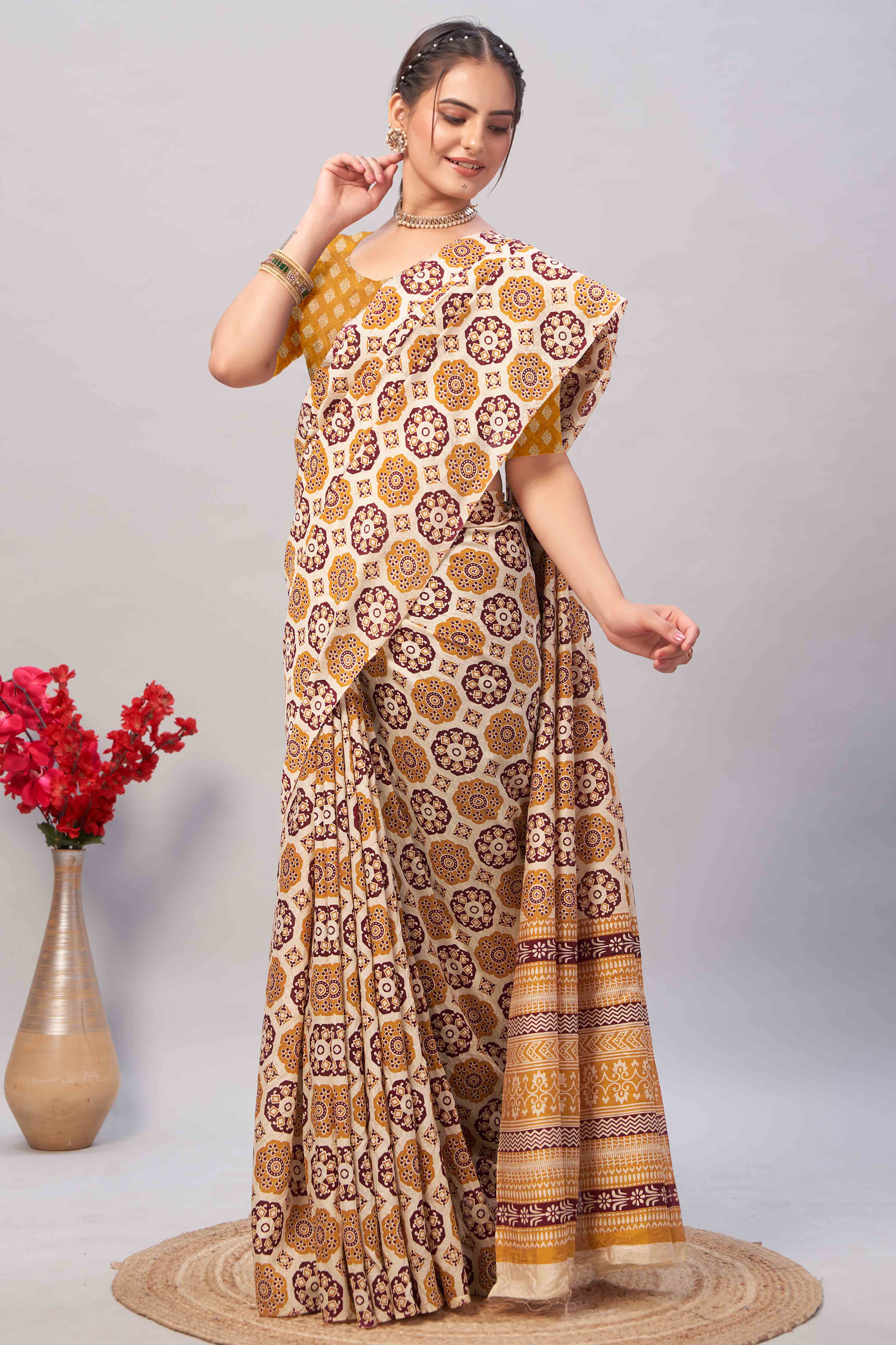 Peachmode Cream & Mustard Ajrakh Printed Cotton Blend Saree