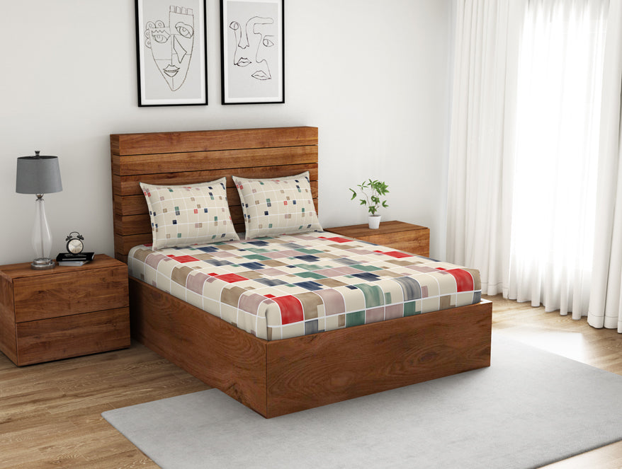 Spaces India Geometric Eggnog - Cream 100% Cotton Double Bedsheet - Color Block By Spaces - view 2