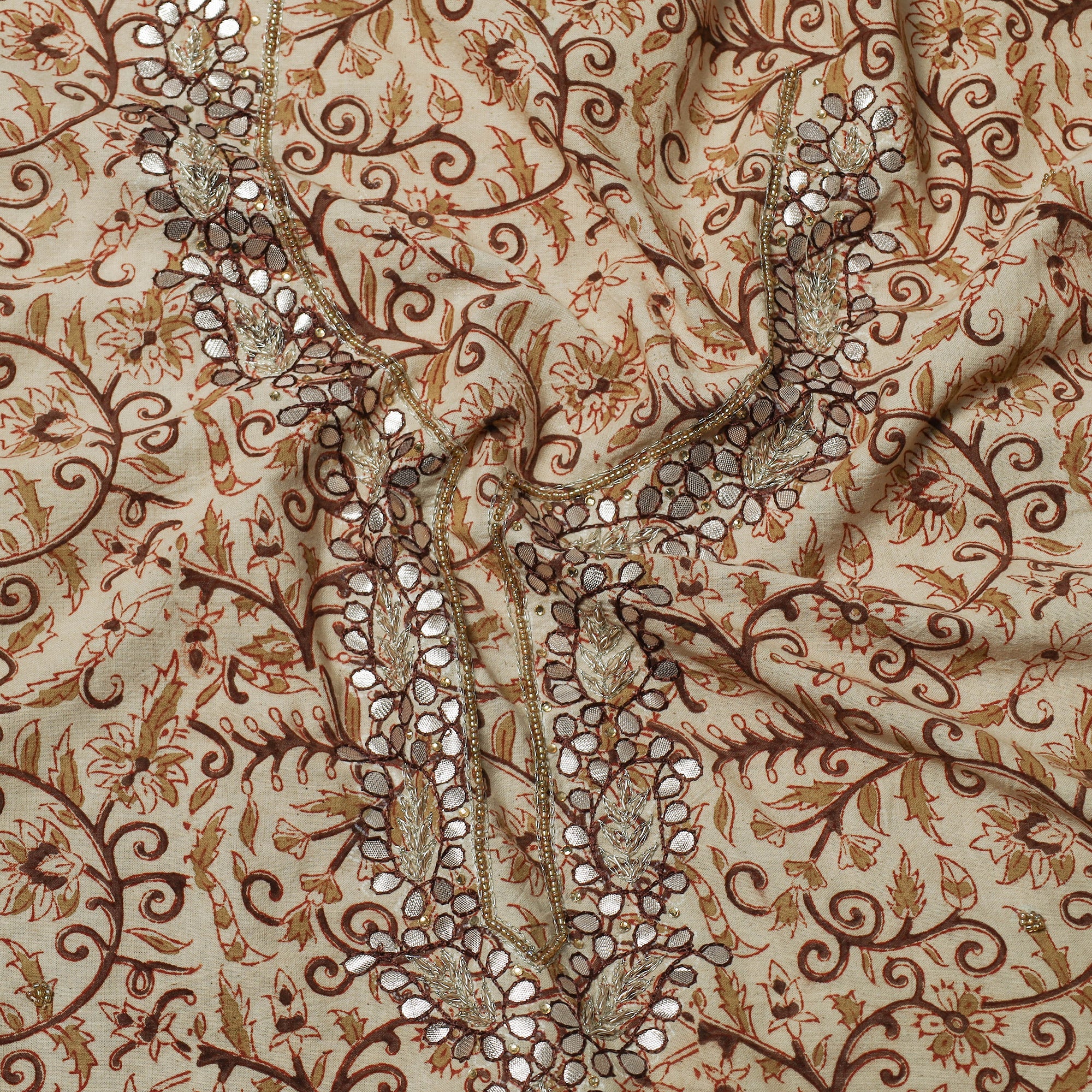 NOORI BAZAR Beige - Embroidered Cotton Kalamkari Print Kurta Material (2.55m) - view 2