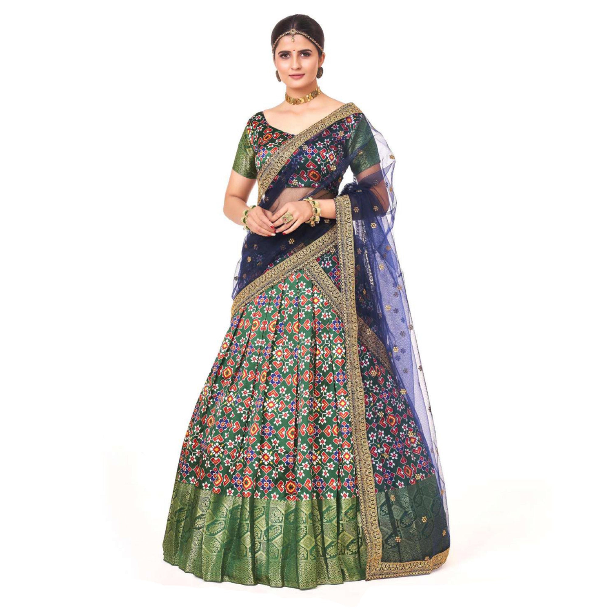 Peachmode Dark Green Digital Printed With Zari Work Art Silk Lehenga Choli