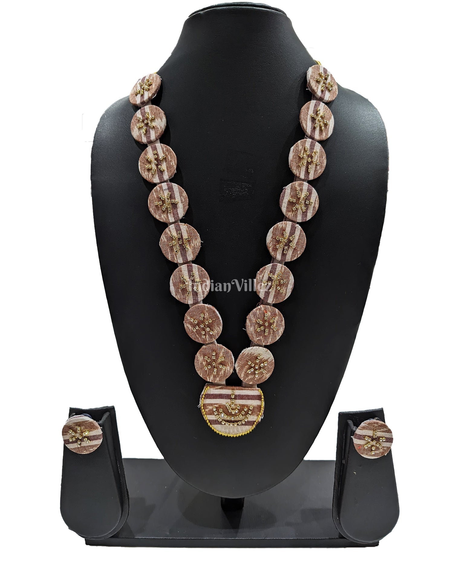 Necklace earrings set – IndianVillèz Beige Stone Coin Shape Sambalpuri Fabric Choker Jewellery - Necklace & Earrings Set