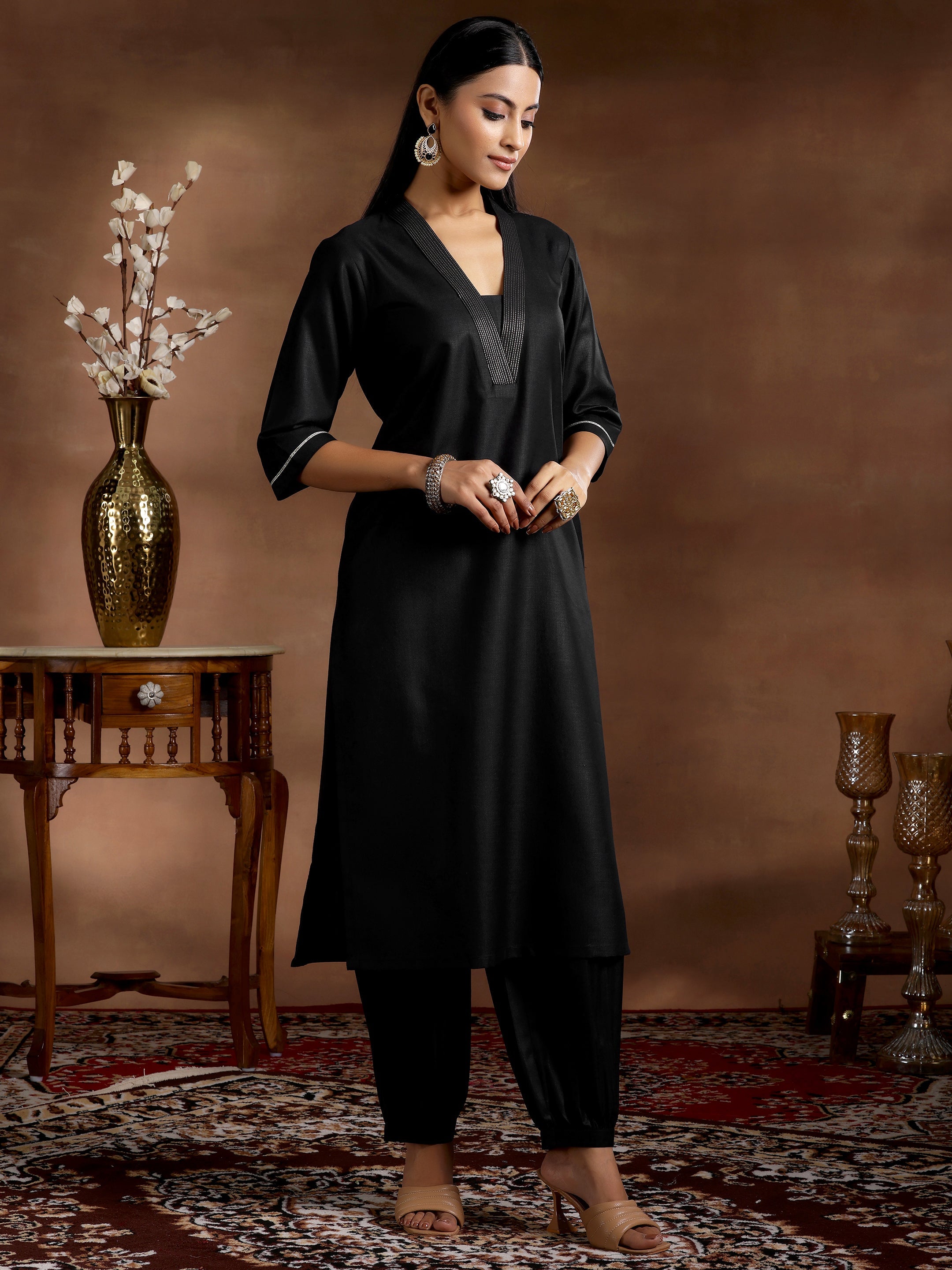 Libas Black Solid Silk Blend Straight Suit With Dupatta - view 2